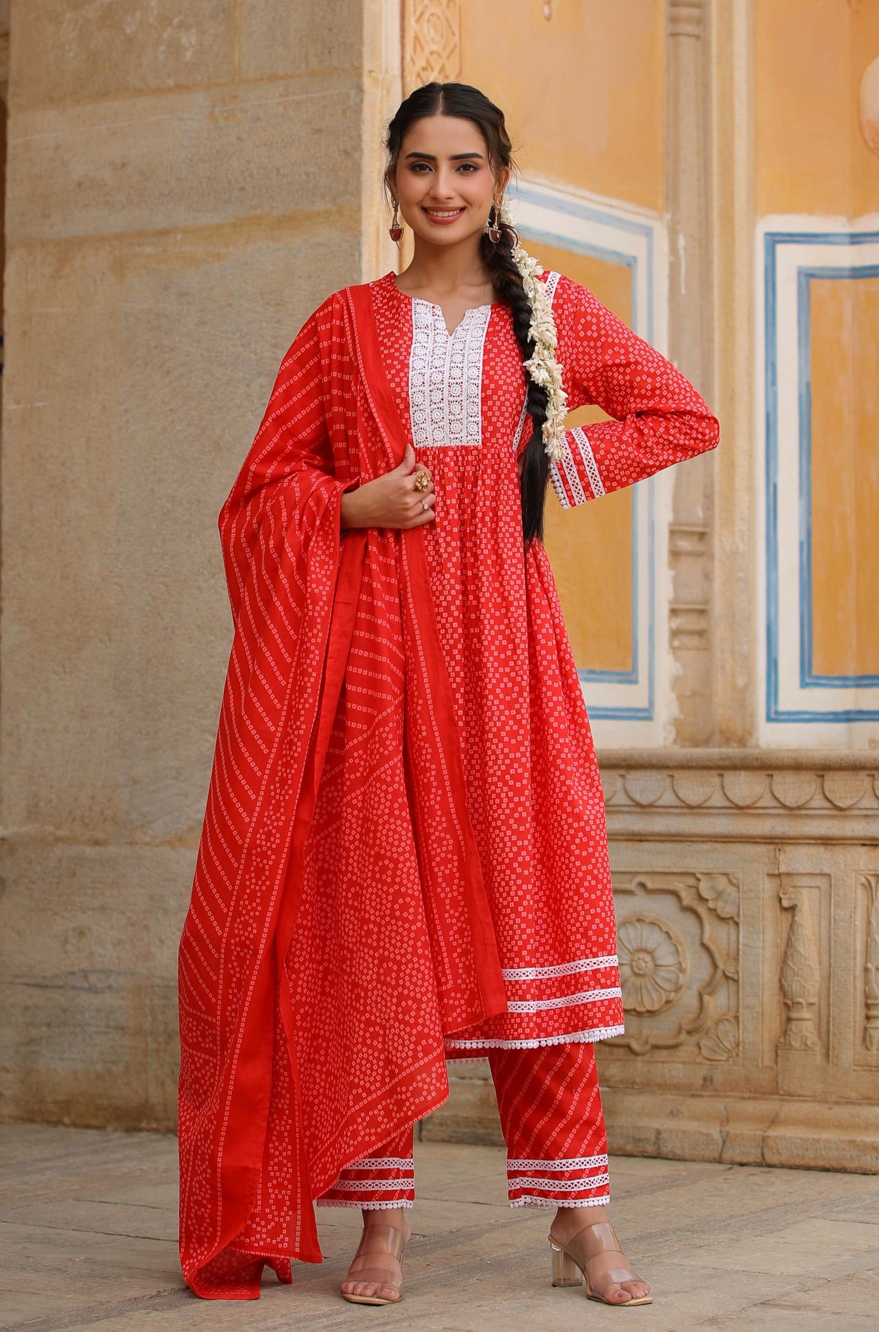 Red Cotton Bandhani Print Anarkali Kurta Pant Dupatta Suit Set