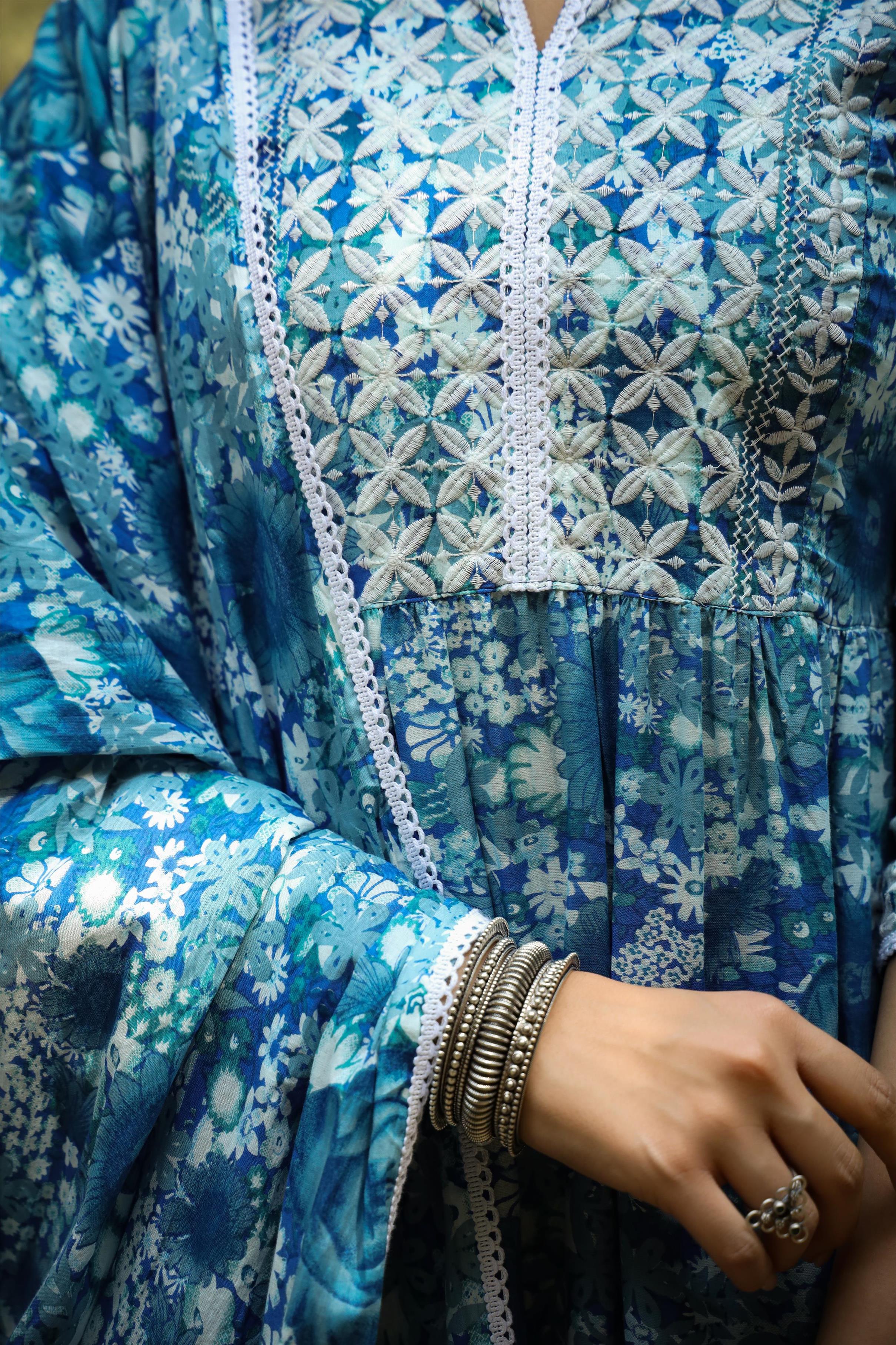 Blue Cotton Chikankari Anarkali Kurta Pant Dupatta Suit Set