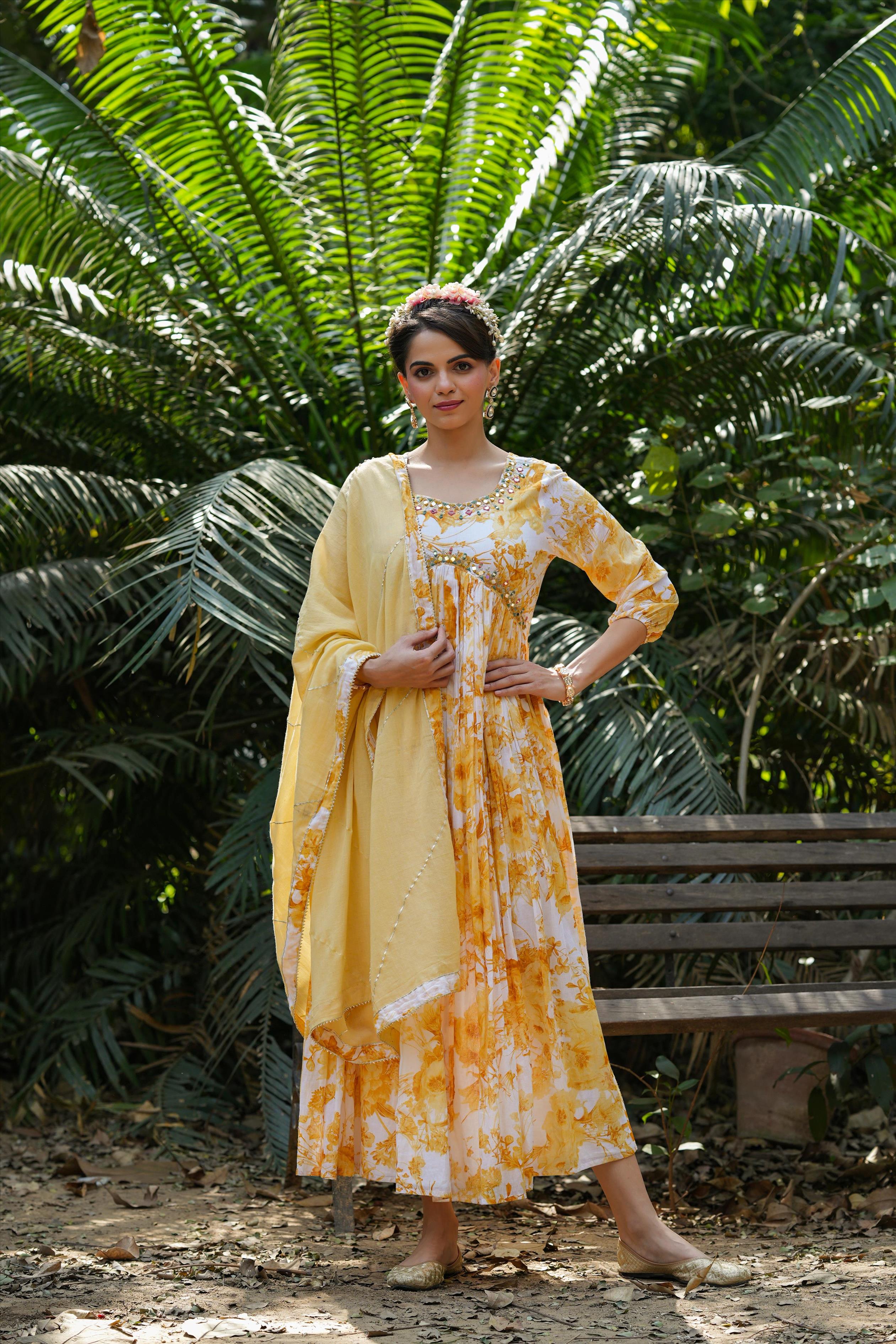 Yellow Mul Cotton Floral Gathered Dress With Dupatta