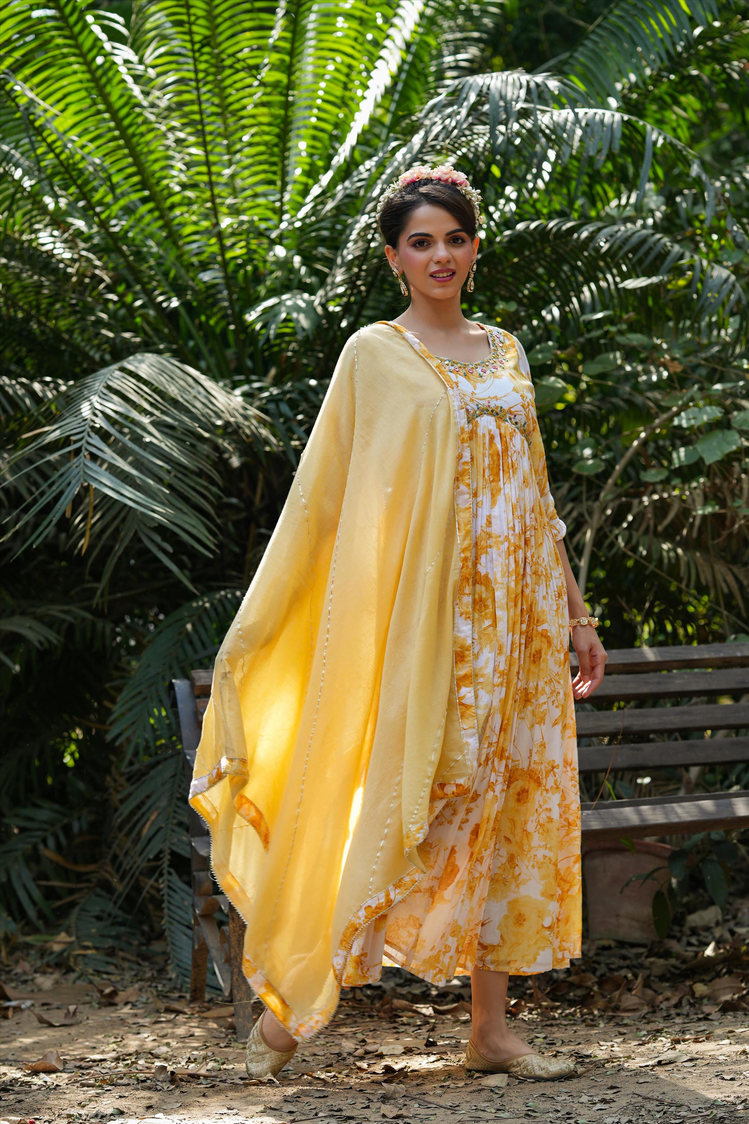 Yellow Mul Cotton Floral Print Gathered Ethnic Dress With Cotton Gota Work Dupatta
