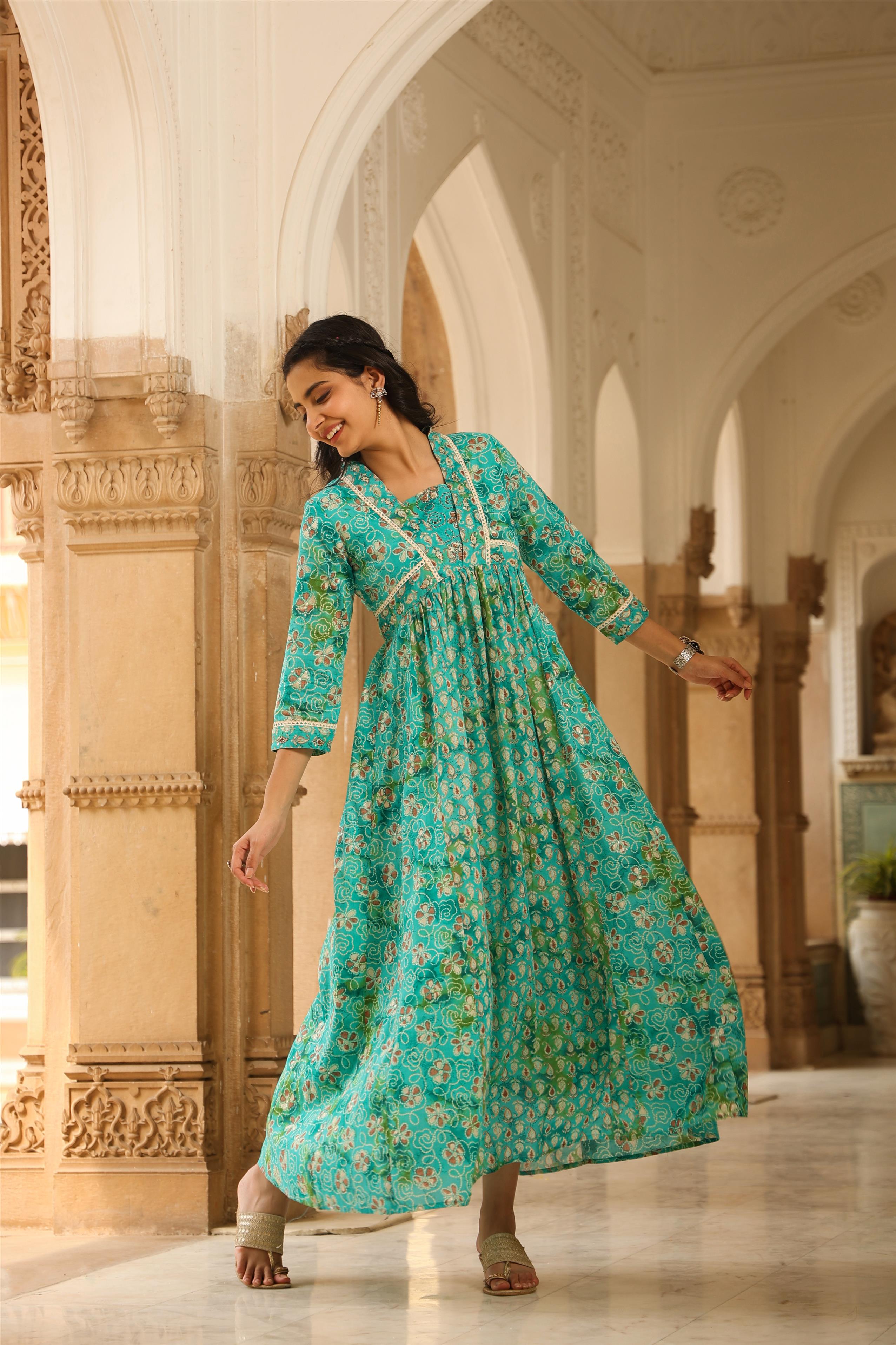 Blue Mul Cotton Printed Panelled Ethnic Dress