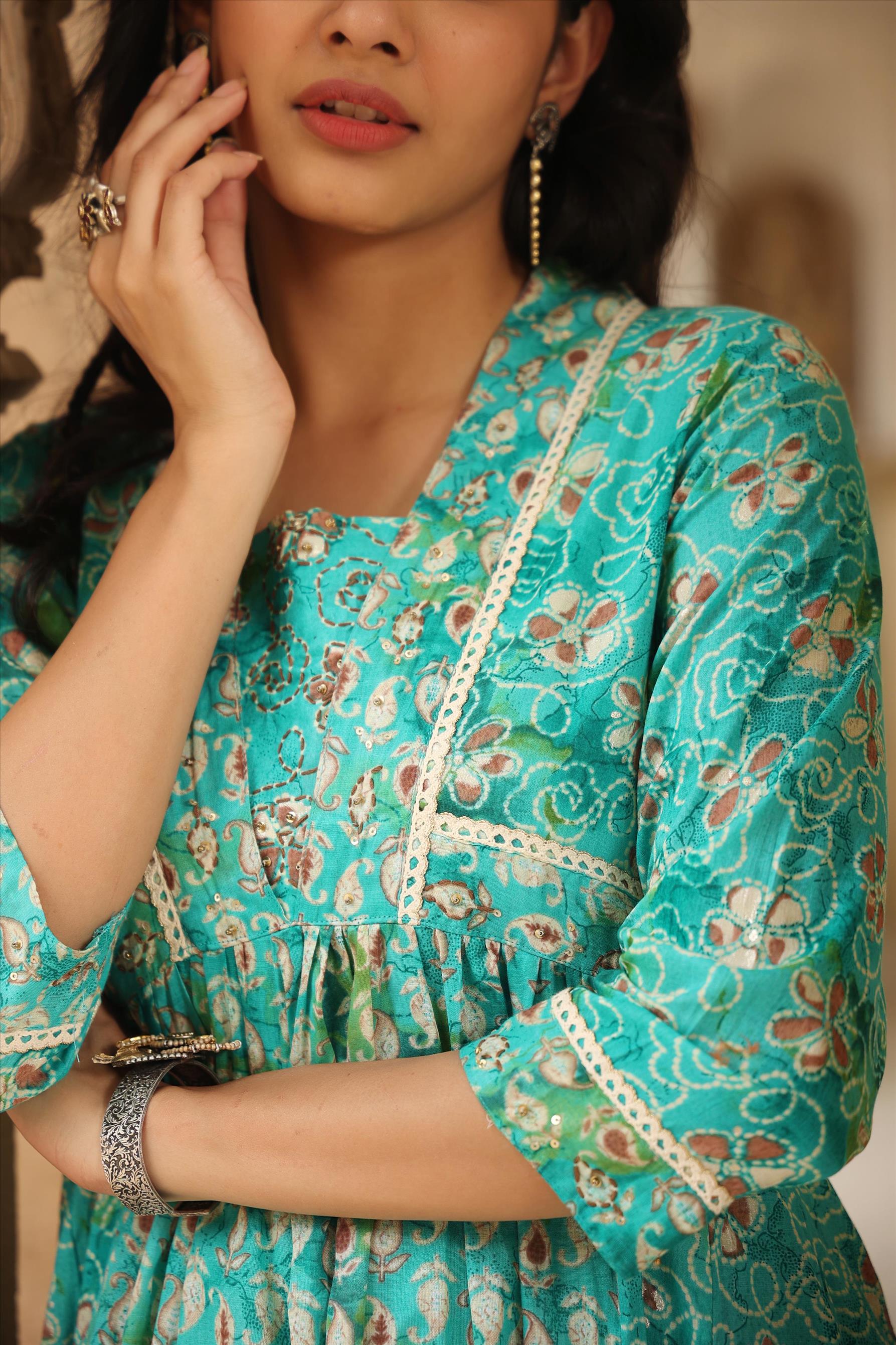 Blue Mul Cotton Printed Panelled Ethnic Dress