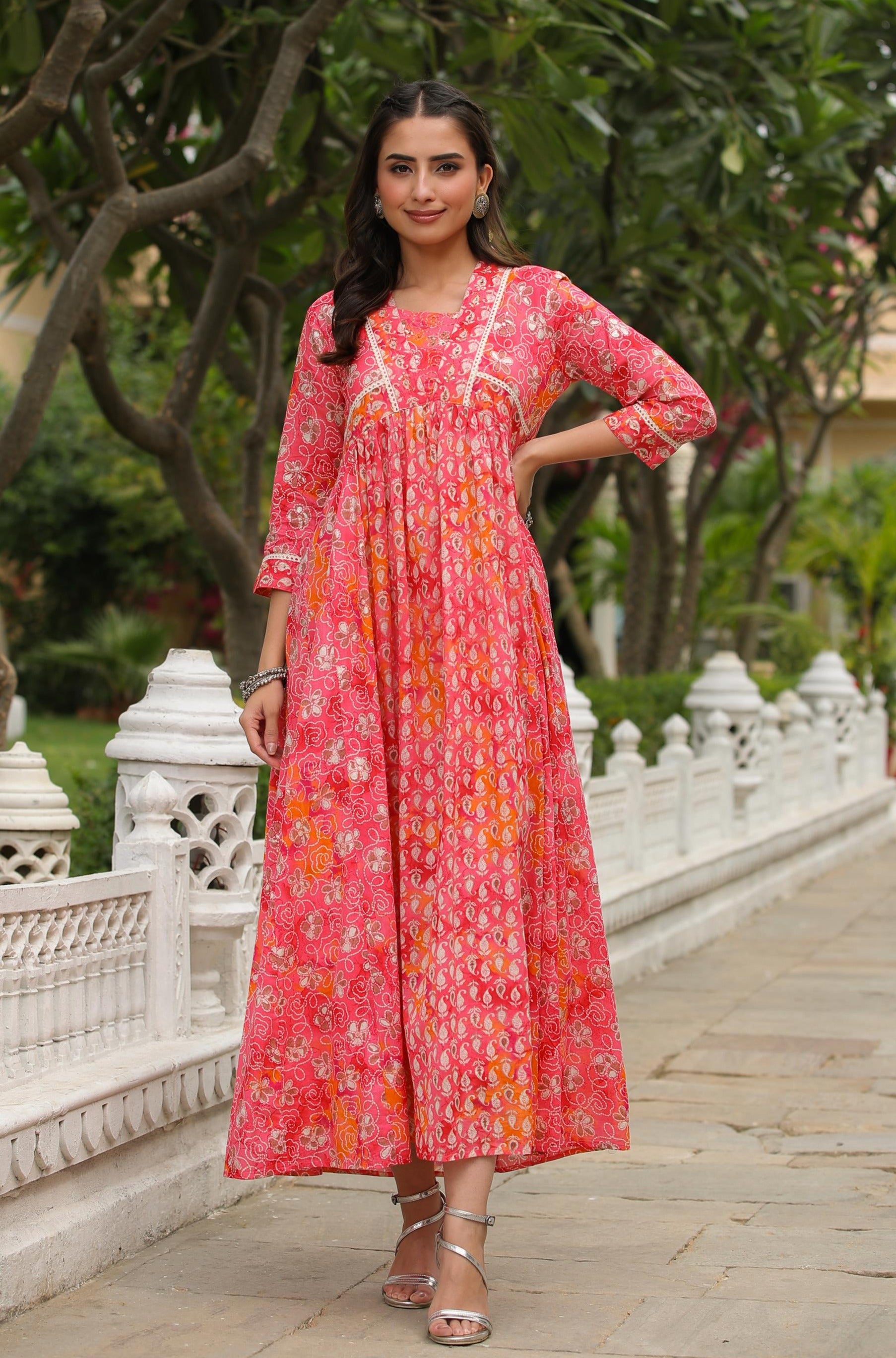 Pink Mul Cotton Printed Panelled Ethnic Dress