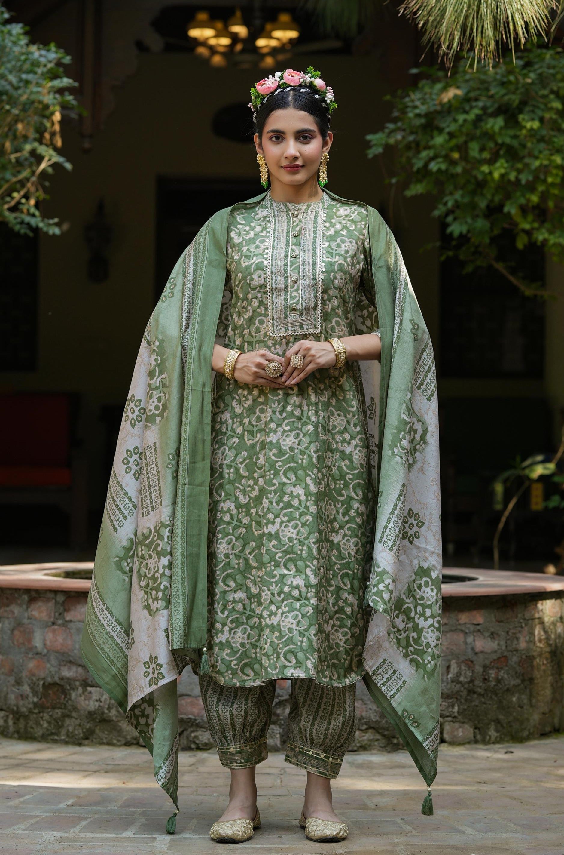 Buy Green Shalimar Silk Printed Pathani Suit Set For Women SCAKHI