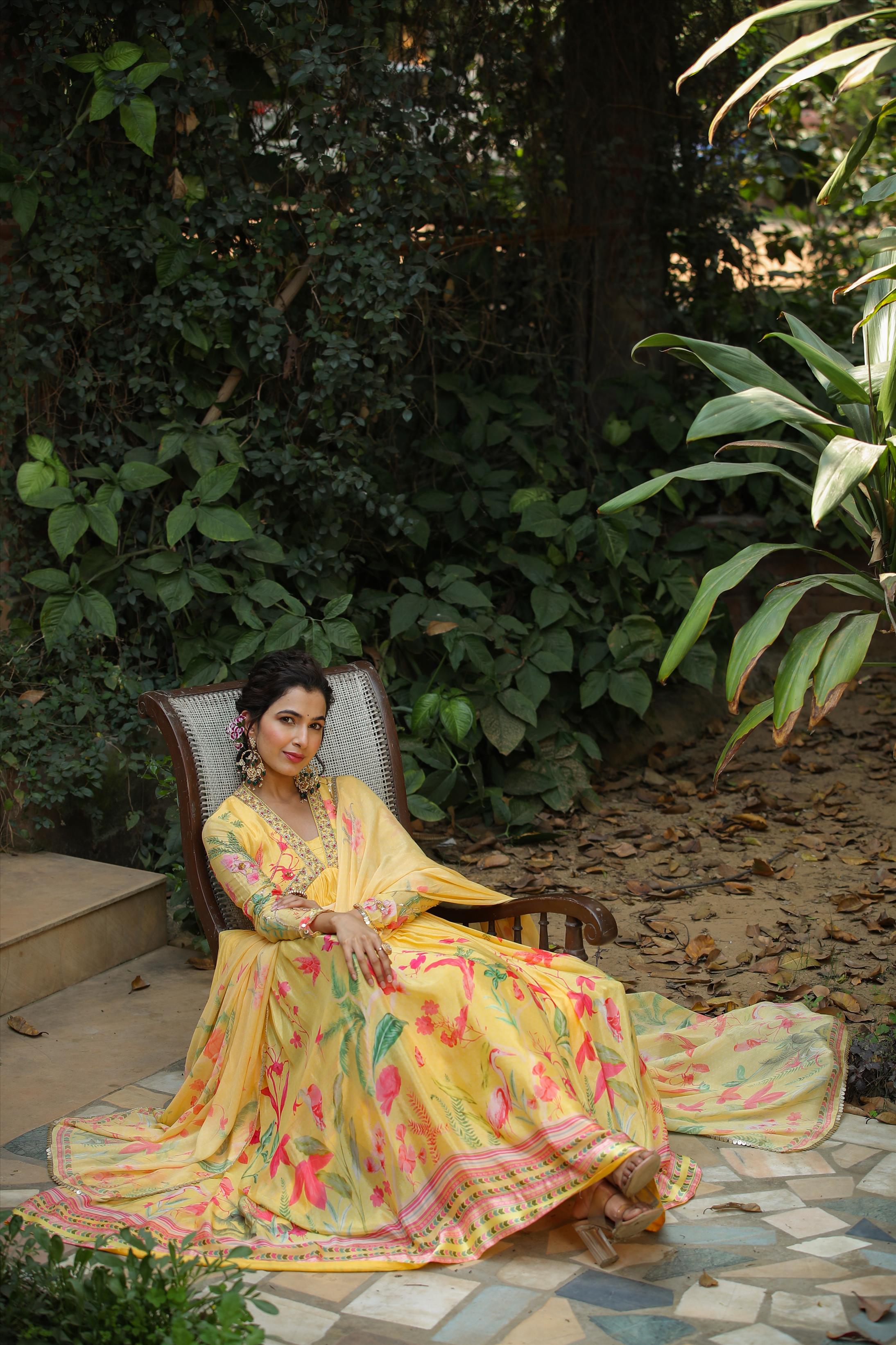 Yellow Silk Printed & Hand Embroidered Dress With Dupatta
