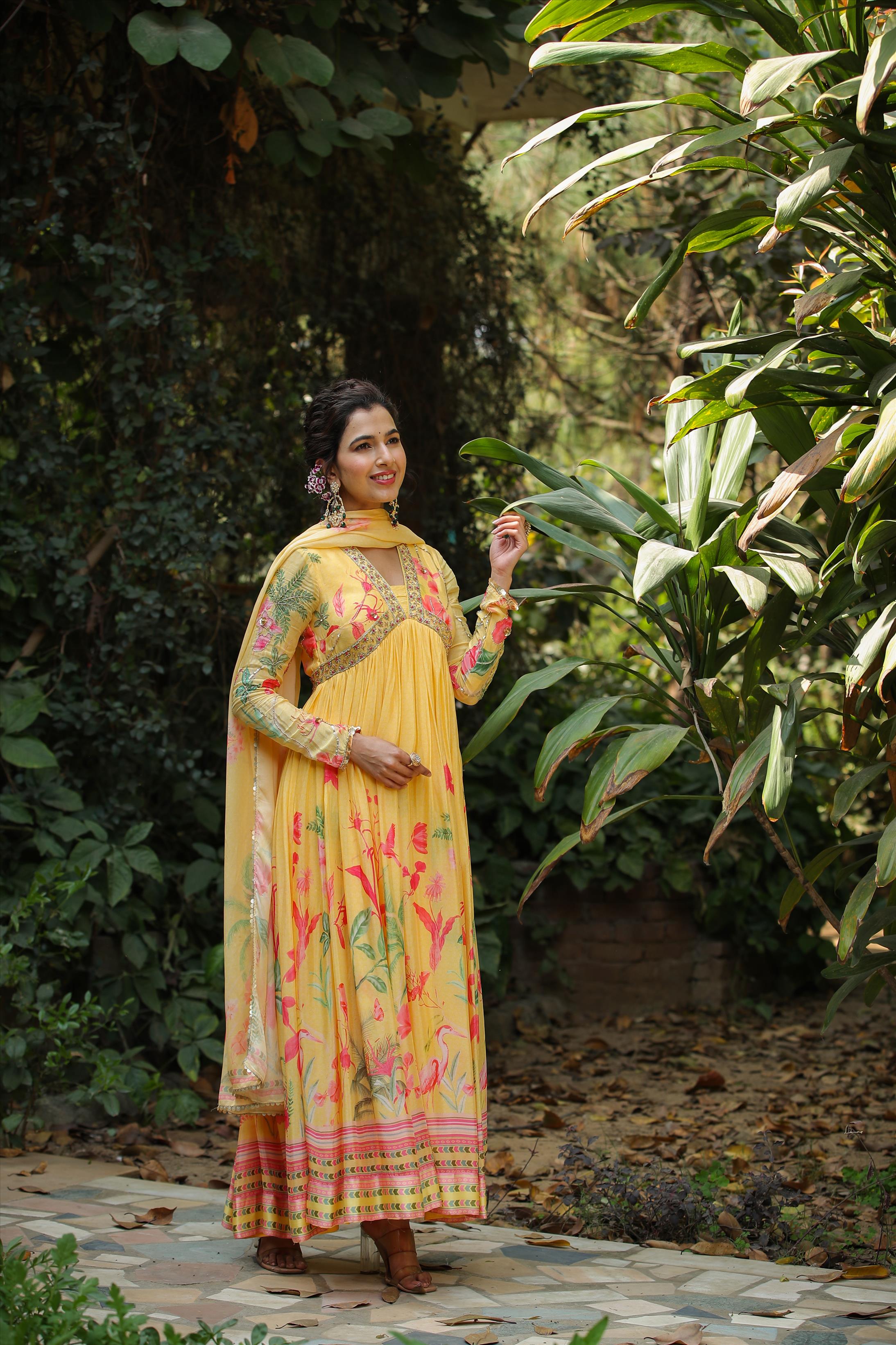 Yellow Silk Printed & Hand Embroidered Dress With Dupatta