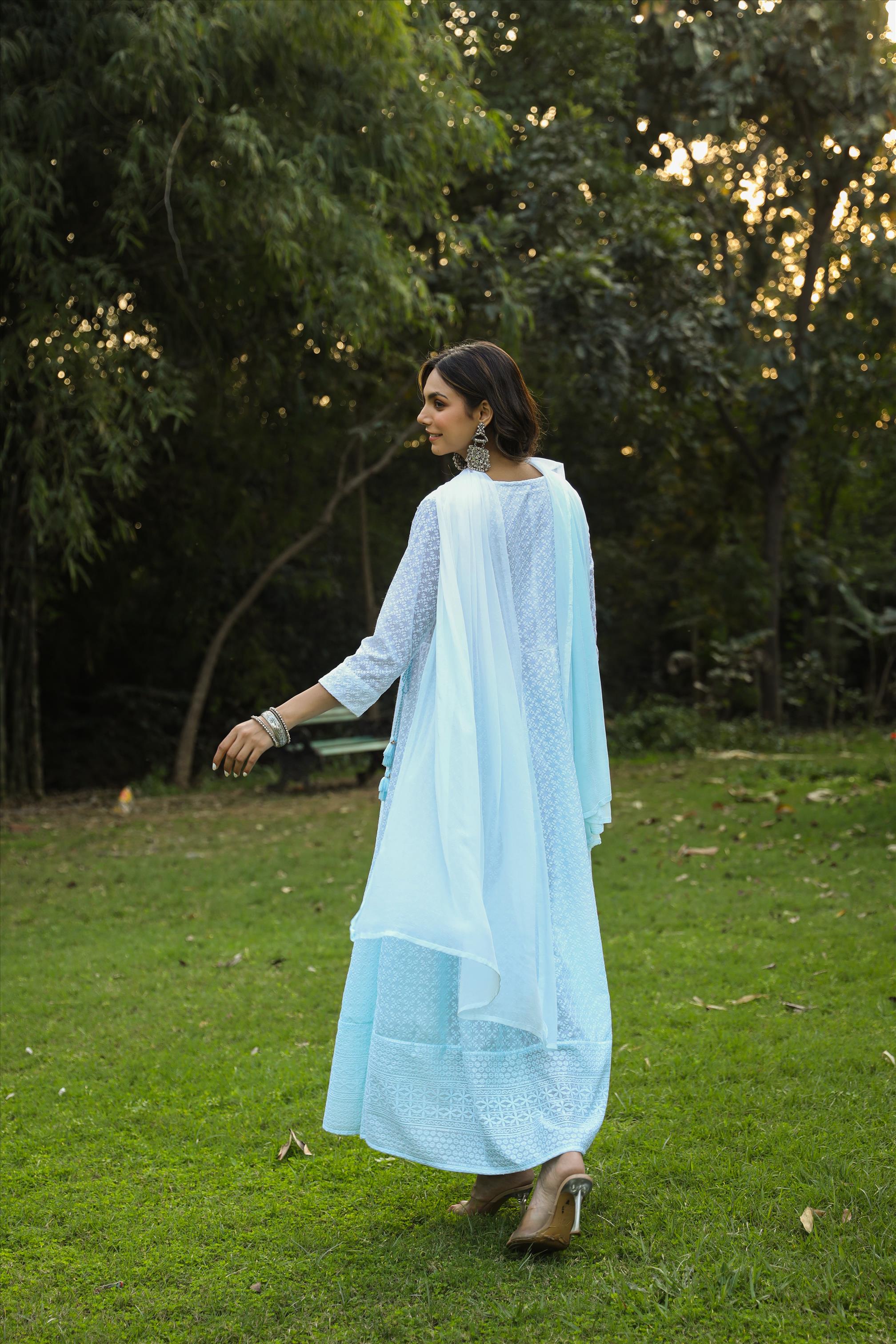 Blue Cotton Chikankari Ombre Anarkali Ethnic Dress With Tie And Dye Chiffon Dupatta