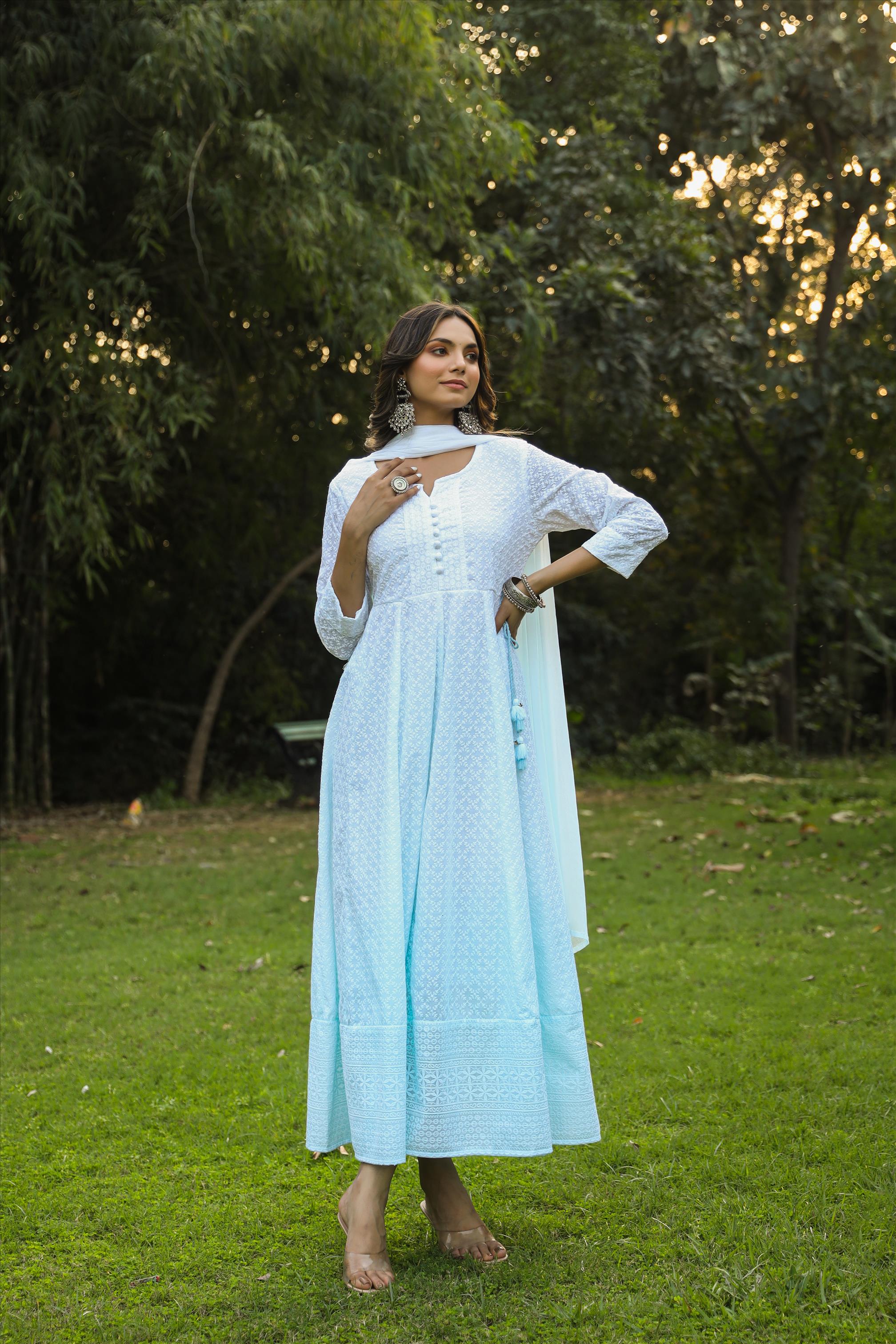 Blue Cotton Chikankari Ombre Anarkali Ethnic Dress With Tie And Dye Chiffon Dupatta