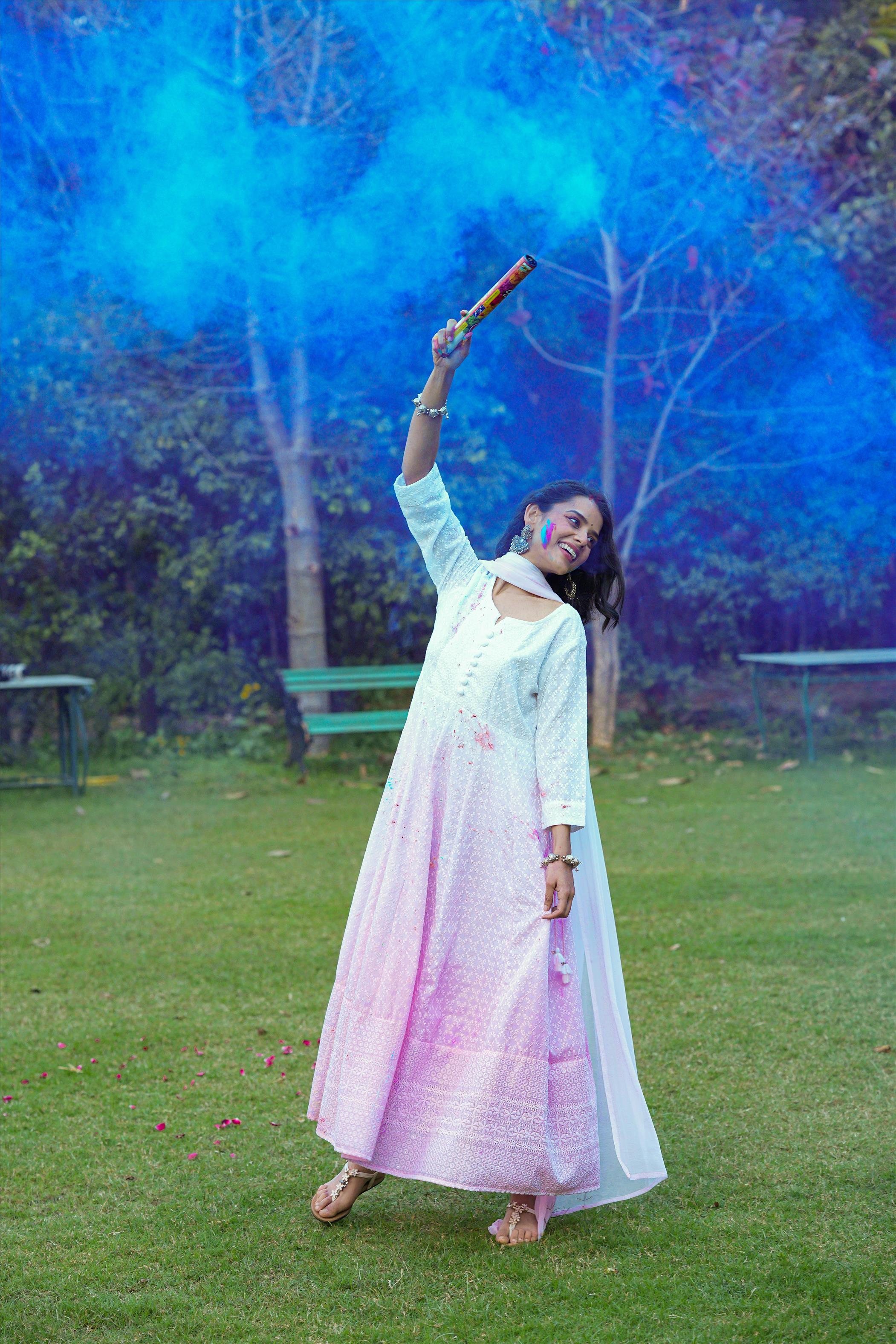 Pink Cotton Chikankari Ombre Anarkali Ethnic Dress With Tie And Dye Chiffon Dupatta