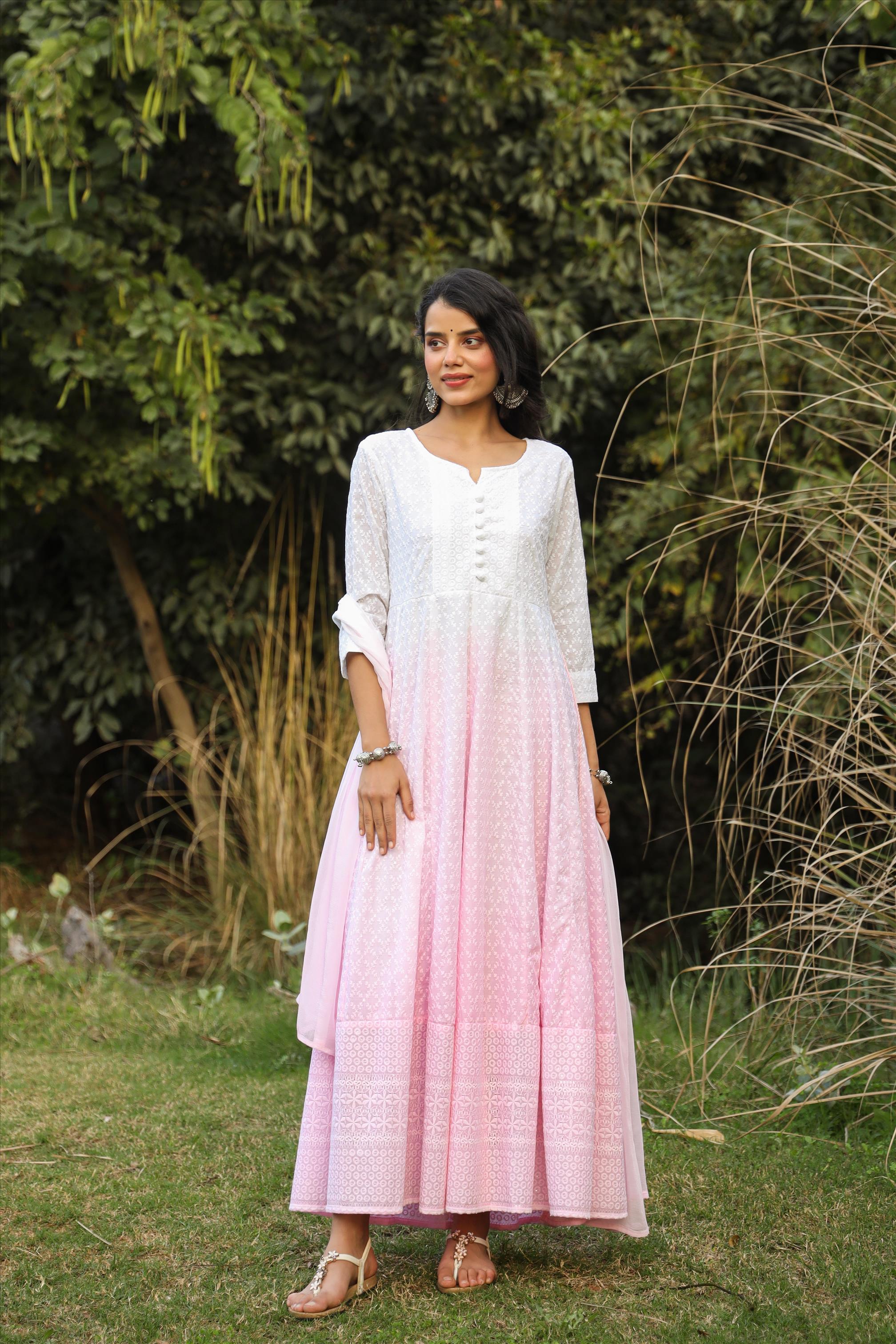 Pink Cotton Chikankari Ombre Anarkali Ethnic Dress With Tie And Dye Chiffon Dupatta