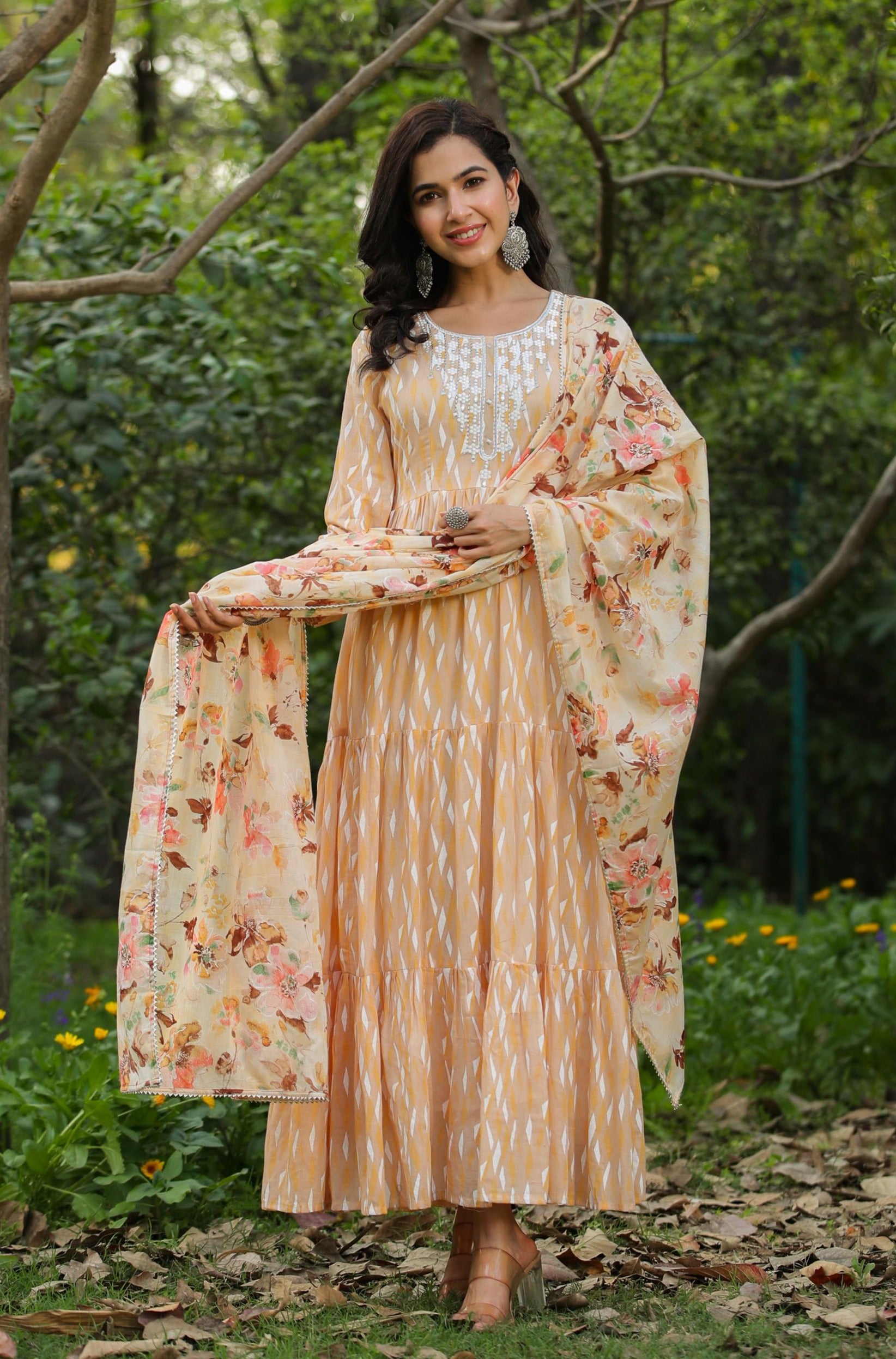 Peach Mul Cotton Printed Tiered Ethnic Dress With Mul Cotton Dupatta