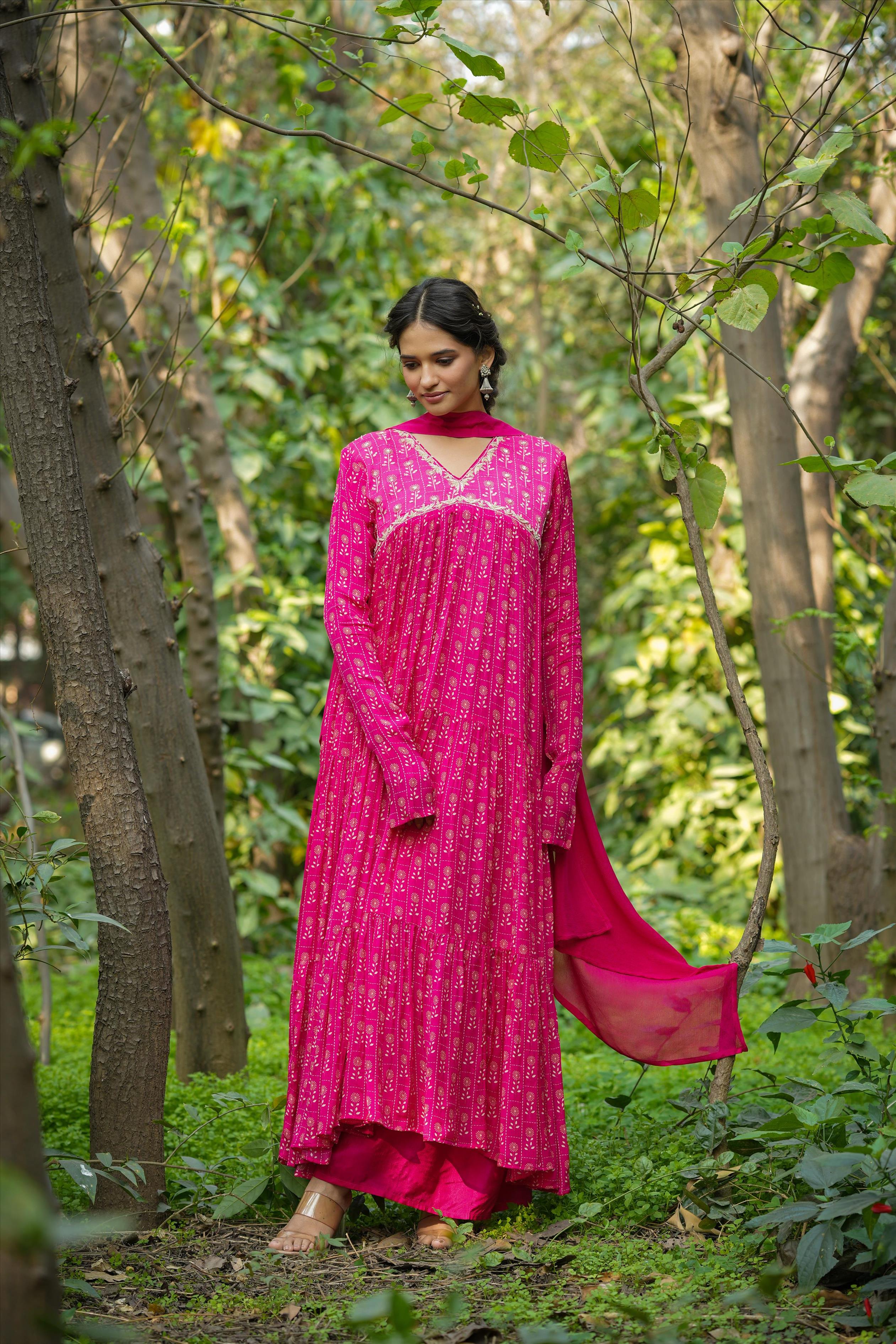 Pink Chinon Silk Printed Partywear Anarkali Suit Set