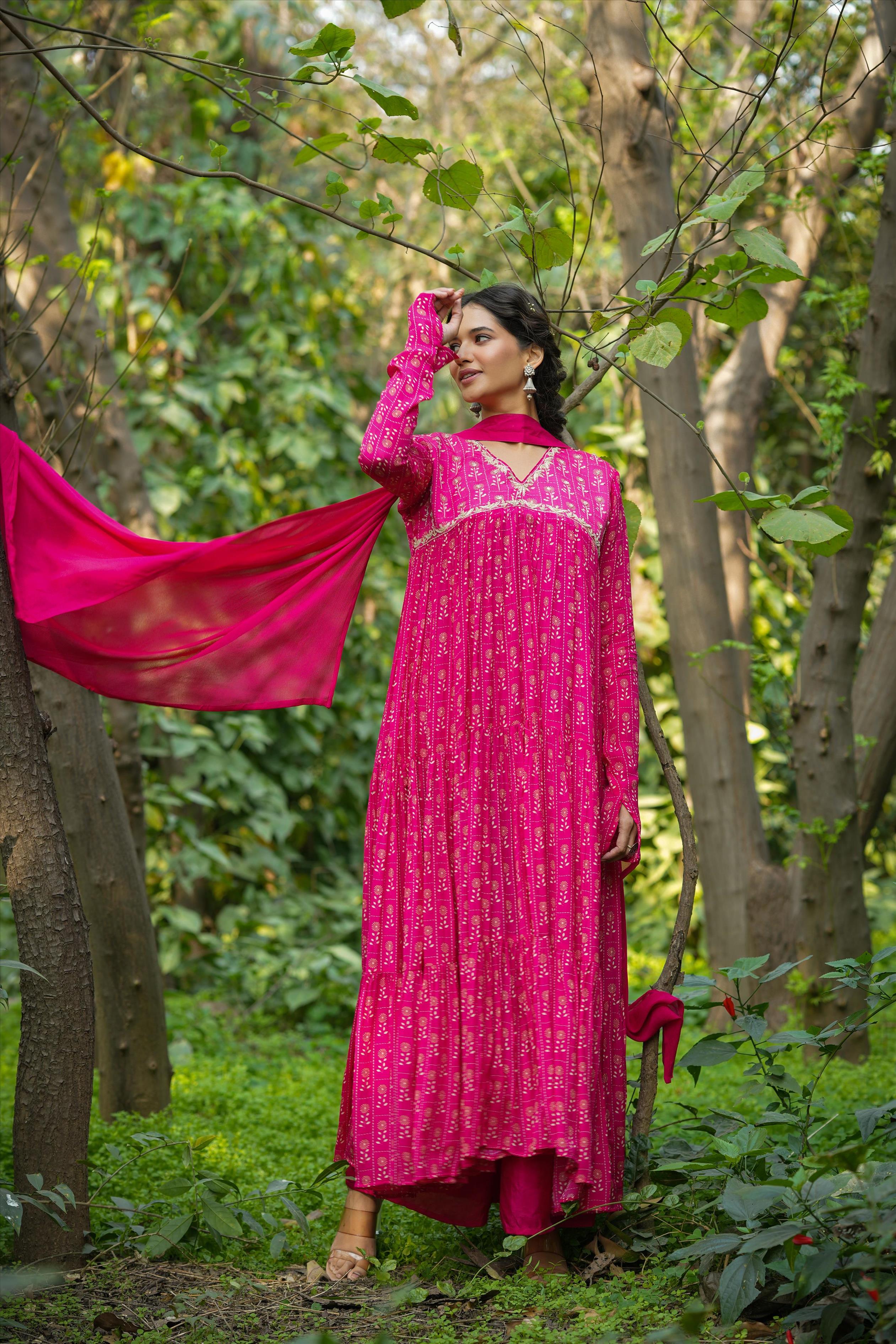Pink Chinon Silk Printed Partywear Anarkali Suit Set