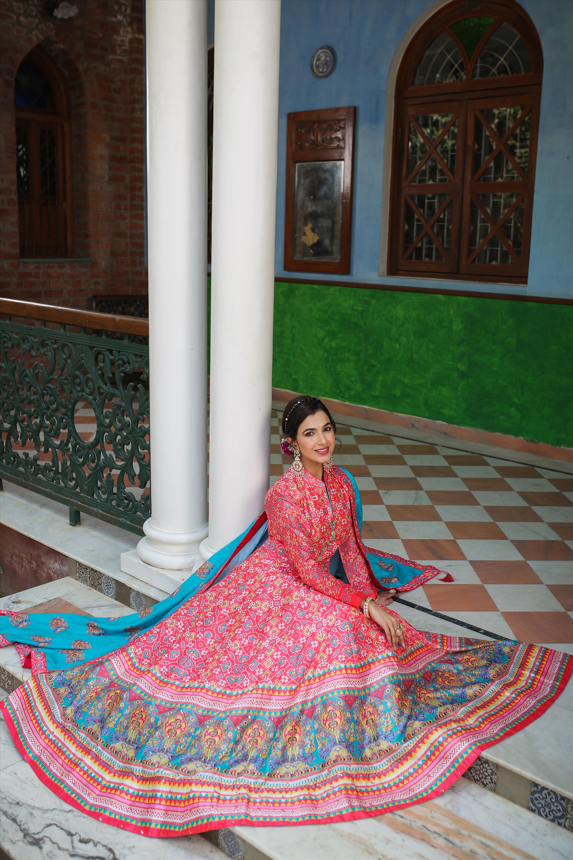Pink Cotton Silk Patola Print Anarkali Gown With Belt And Cotton Silk Printed Dupatta