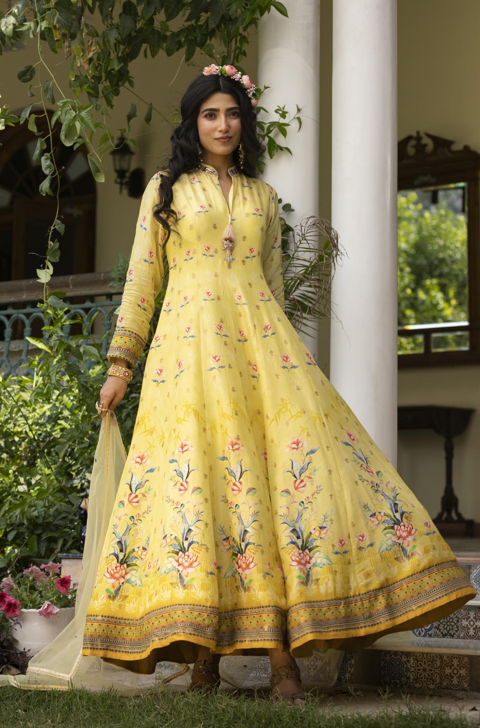Lemon Dola Silk Floral Print Anarkali Gown With Net Embroidered Dupatta
