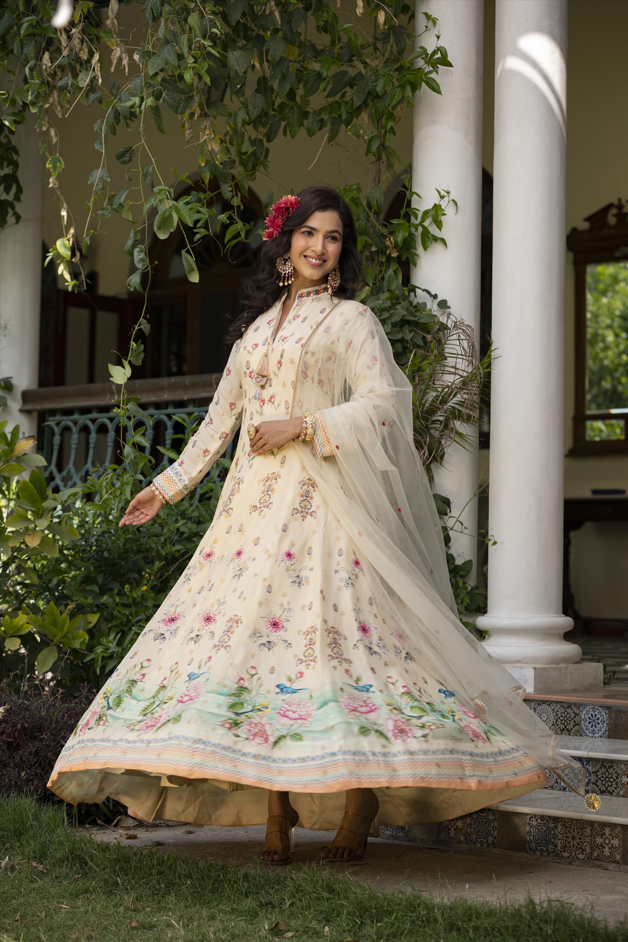 Offwhite Dola Silk Floral Print Anarkali Gown With Net Embroidered Dupatta