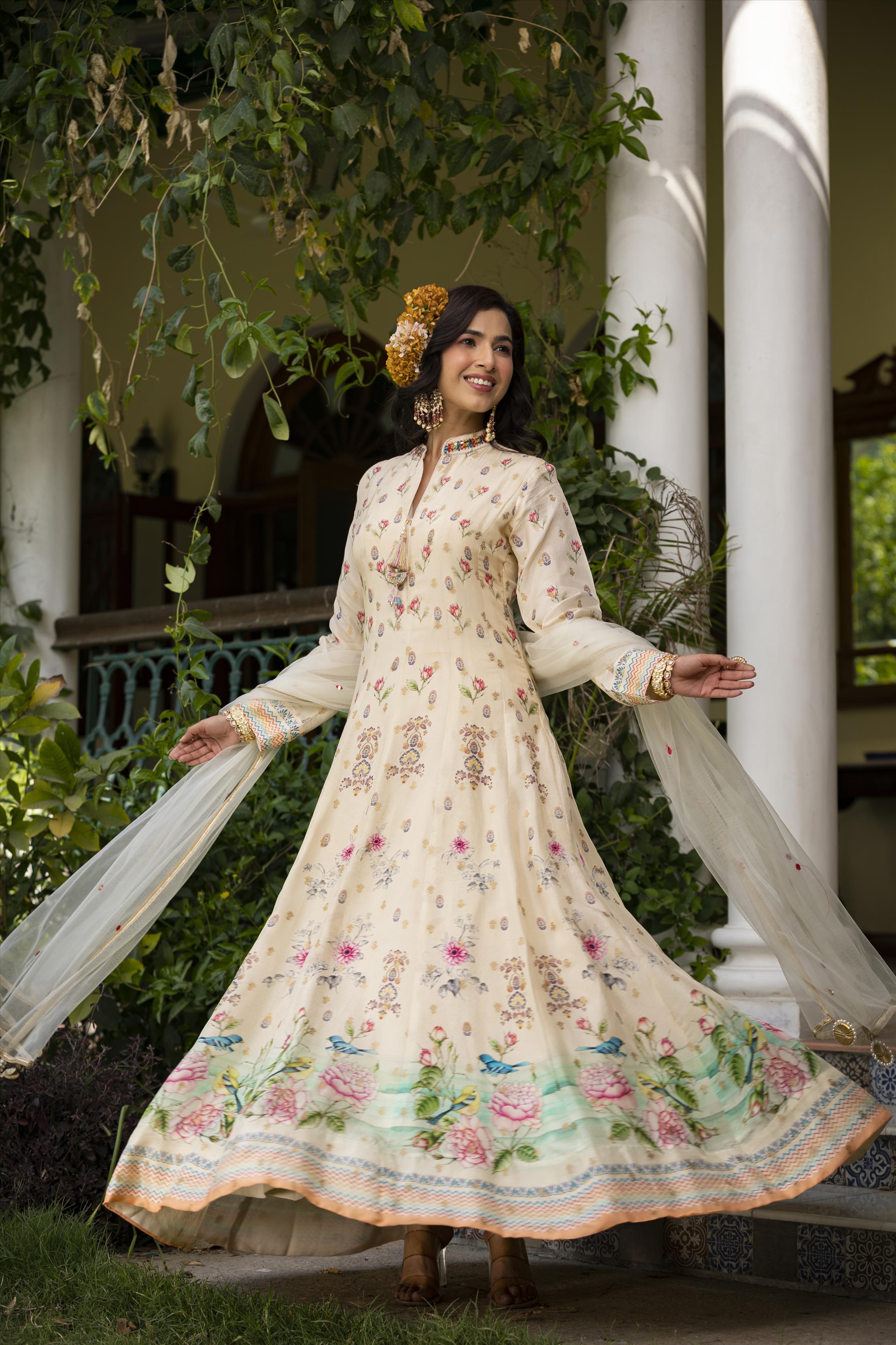 Offwhite Dola Silk Floral Print Anarkali Gown With Net Embroidered Dupatta