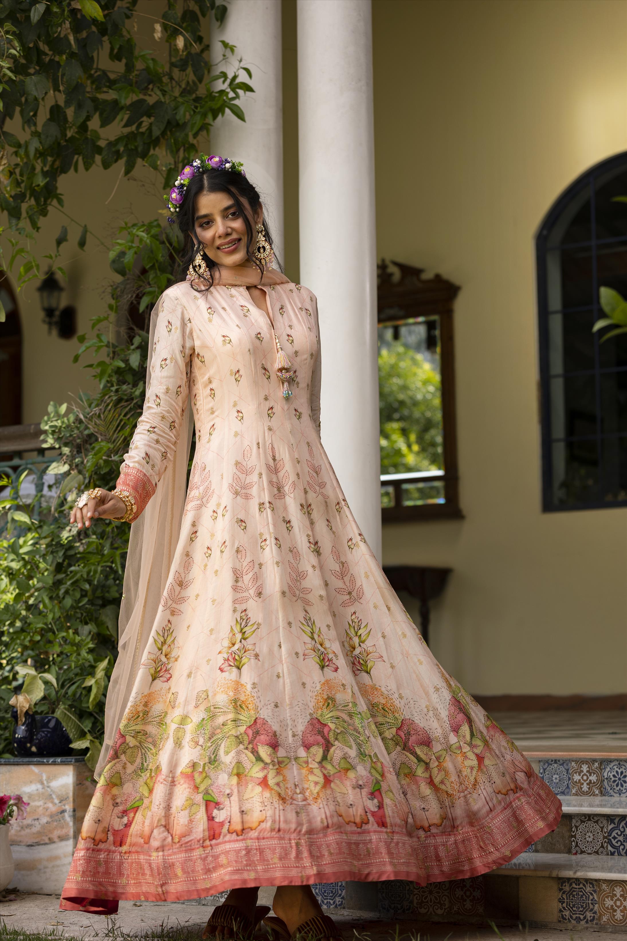 Floral Print Anarkali Gown with Dupatta - ShopperBoard
