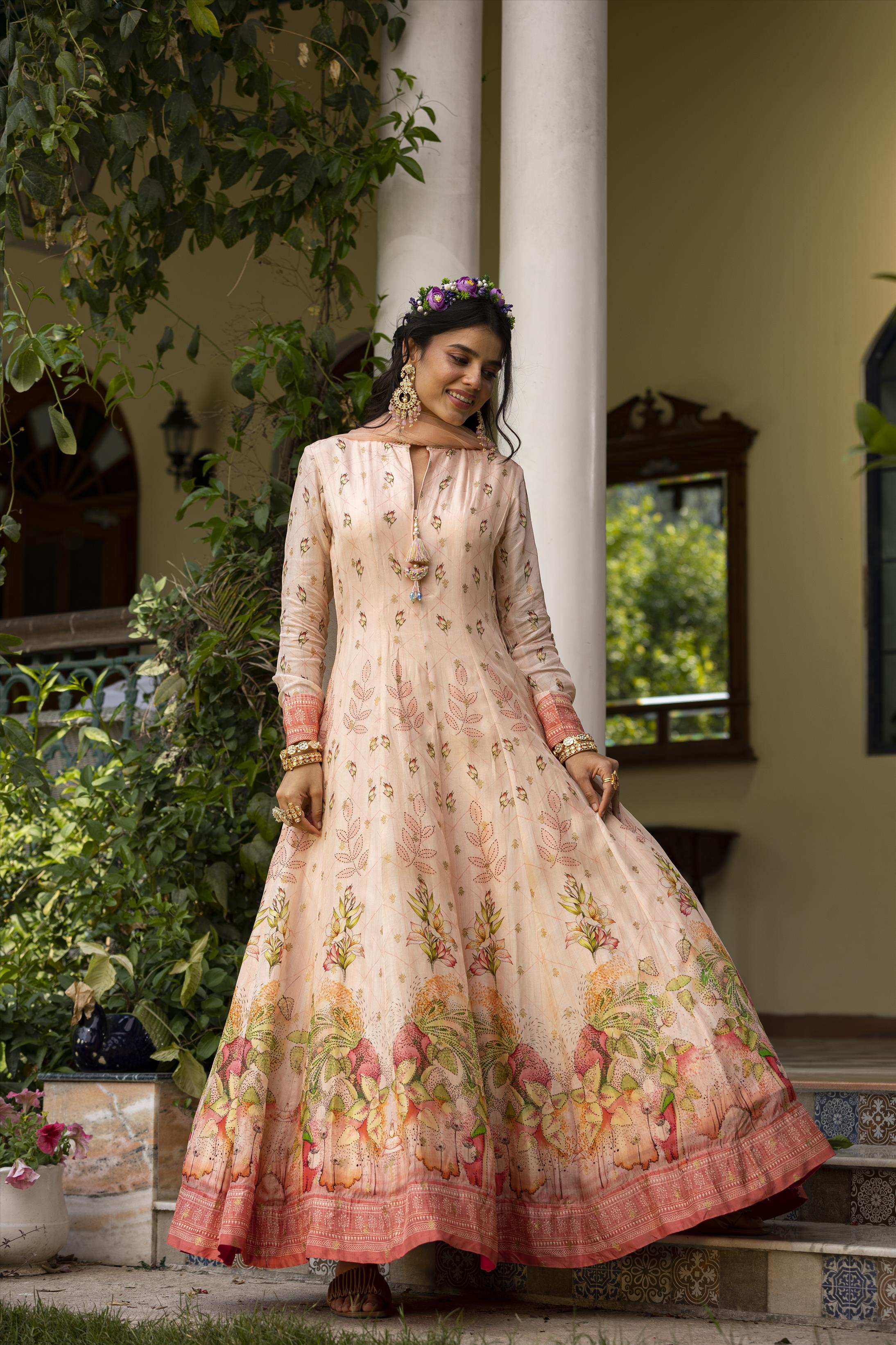 Pink Dola Silk Floral Print Anarkali Gown With Net Embroidered Dupatta