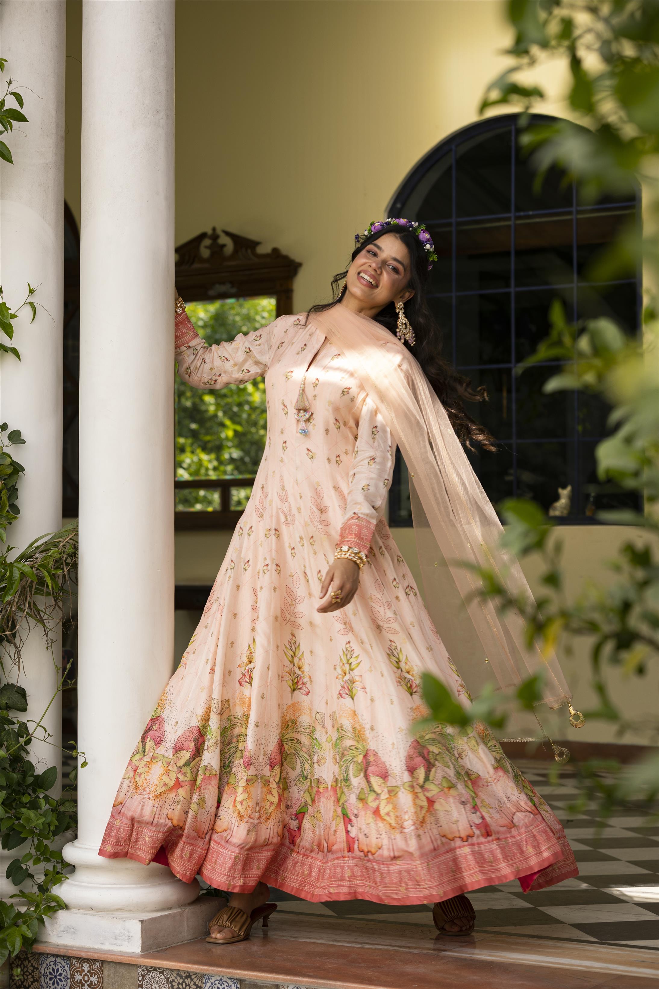 Pink Dola Silk Floral Print Anarkali Gown With Net Embroidered Dupatta