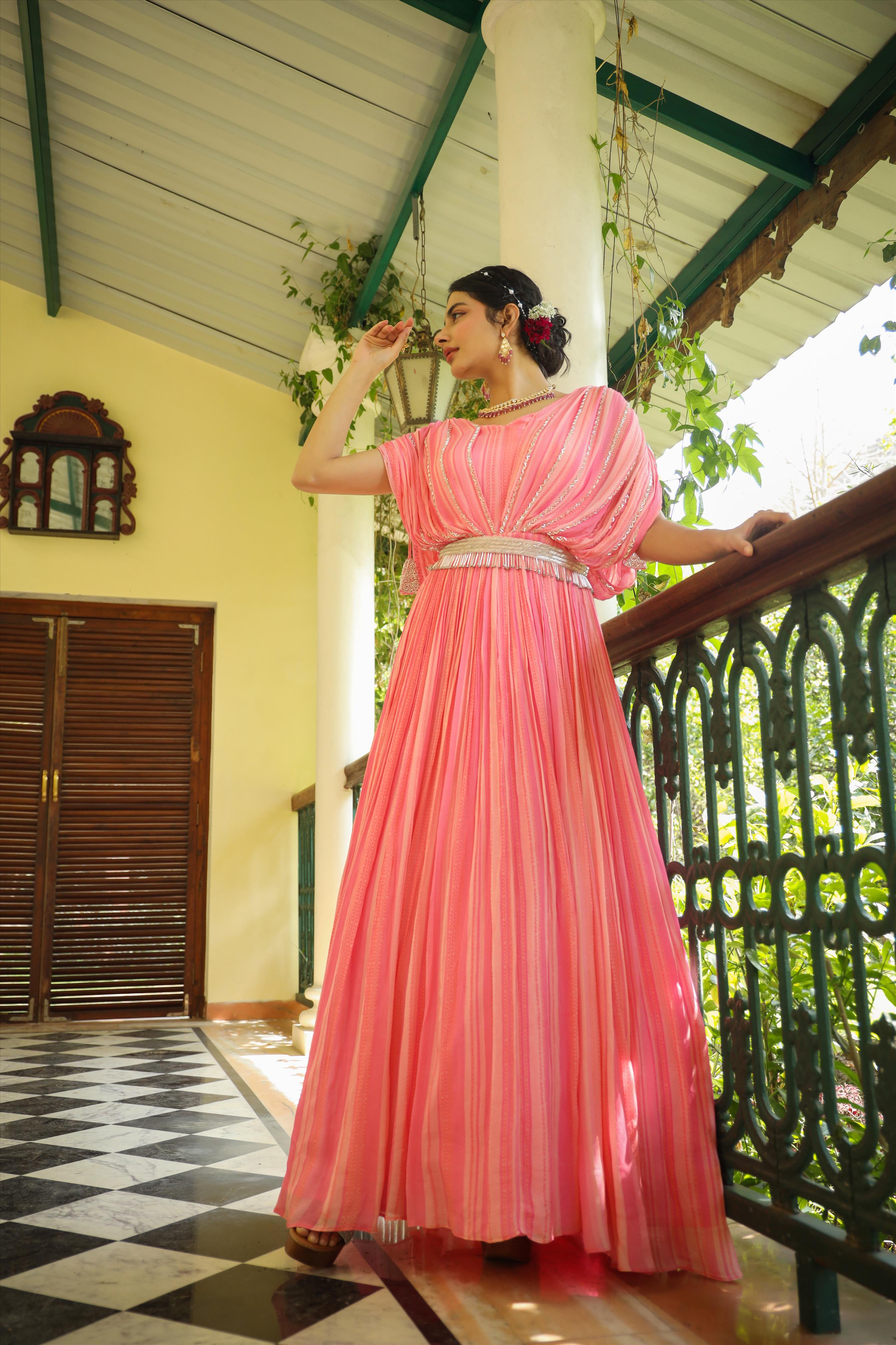 Pink Chinon Silk Candy Stripes Party Gown With Belt & Attached Cape