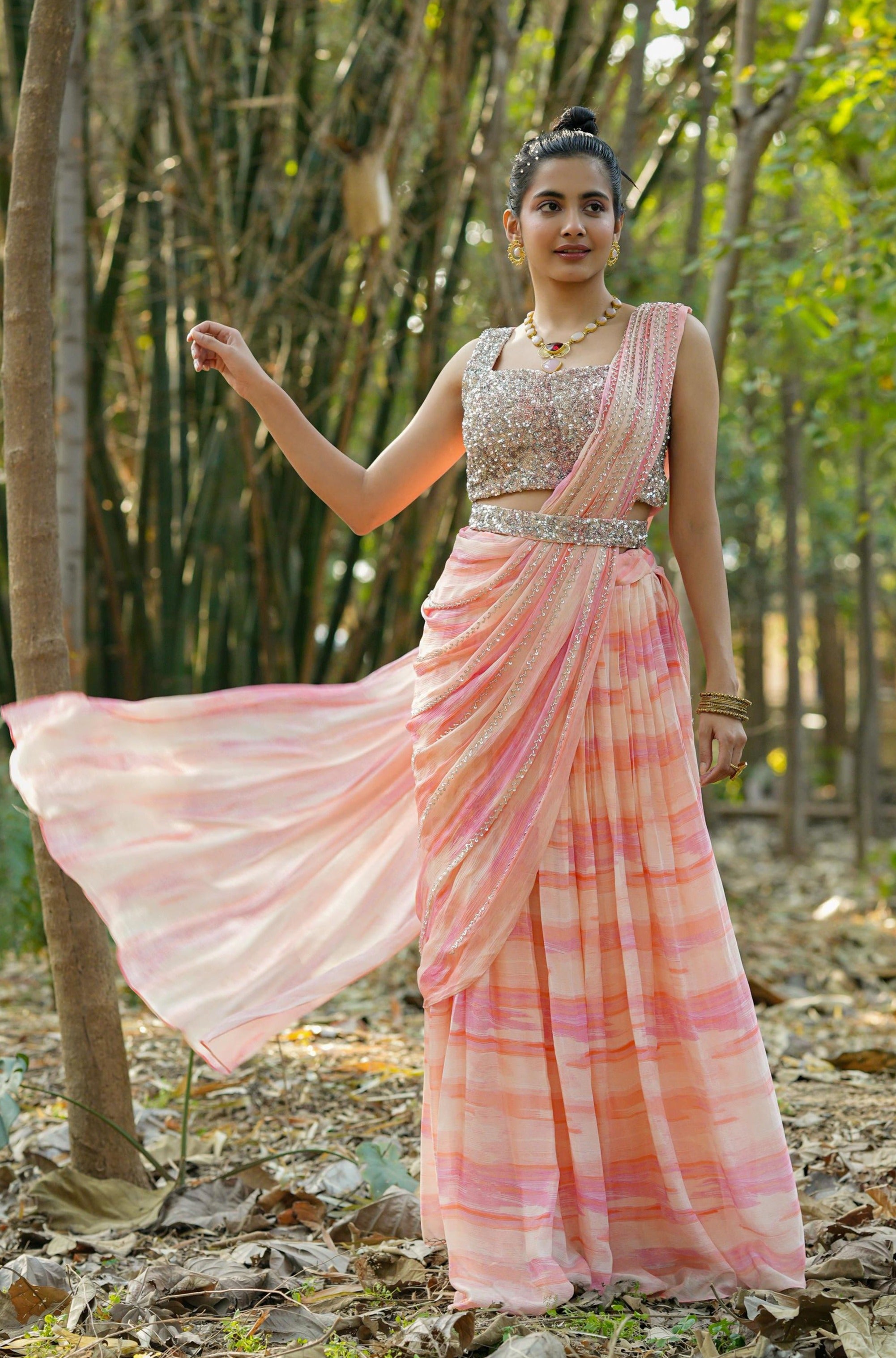 Pink Chinon Silk Sequinned Blouse With Chinon Silk Shibori Drape Saree & Sequinned Belt