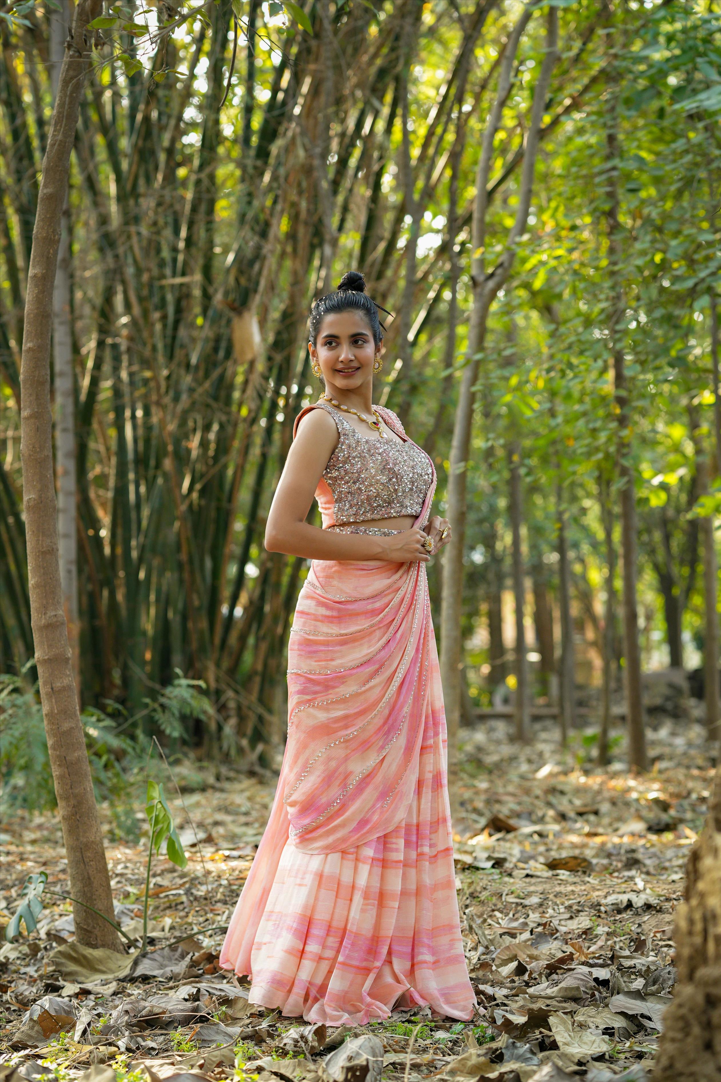 Pink Chinon Silk Sequinned Blouse With Chinon Silk Shibori Drape Saree & Sequinned Belt