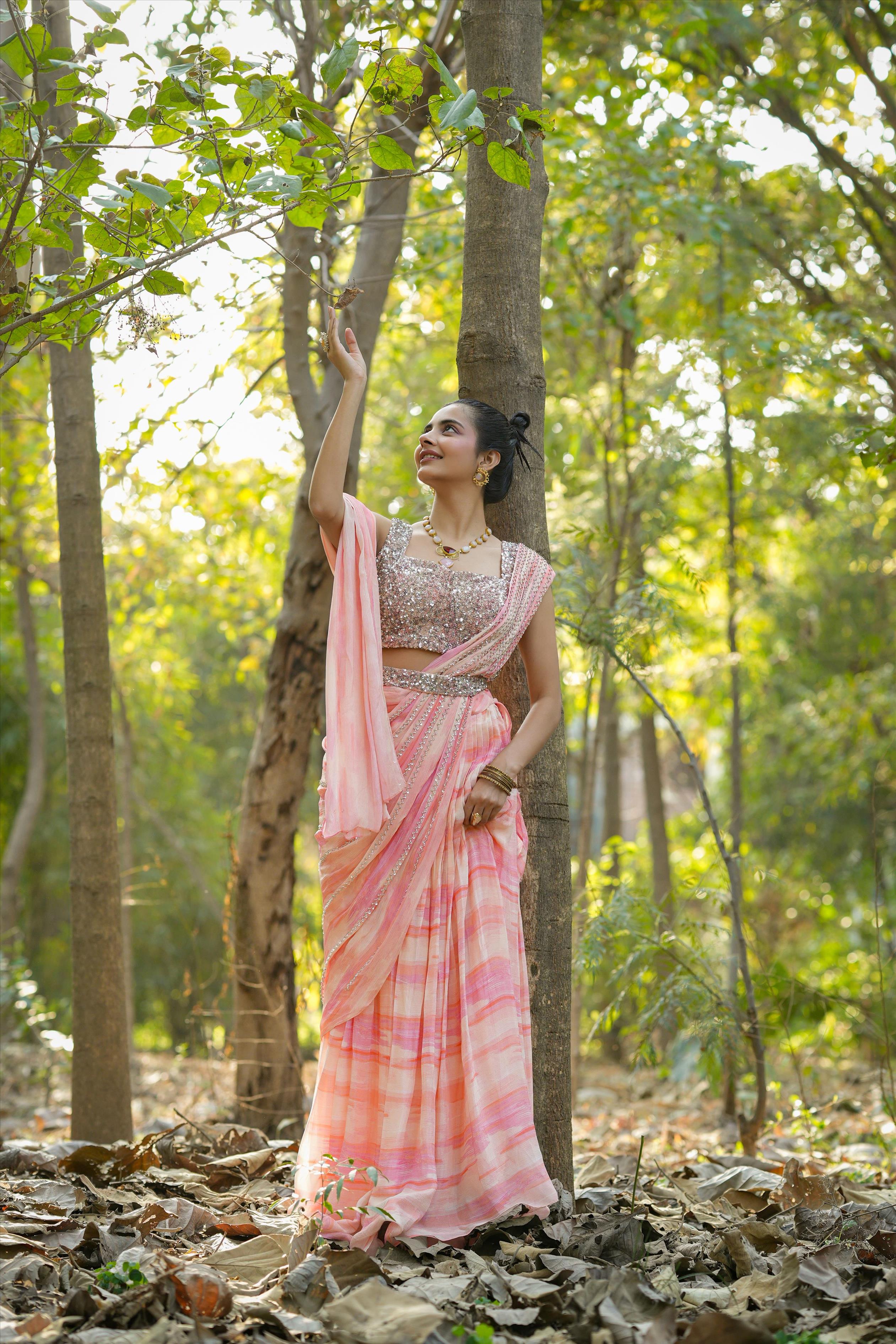 Pink Chinon Silk Sequinned Blouse With Chinon Silk Shibori Drape Saree & Sequinned Belt