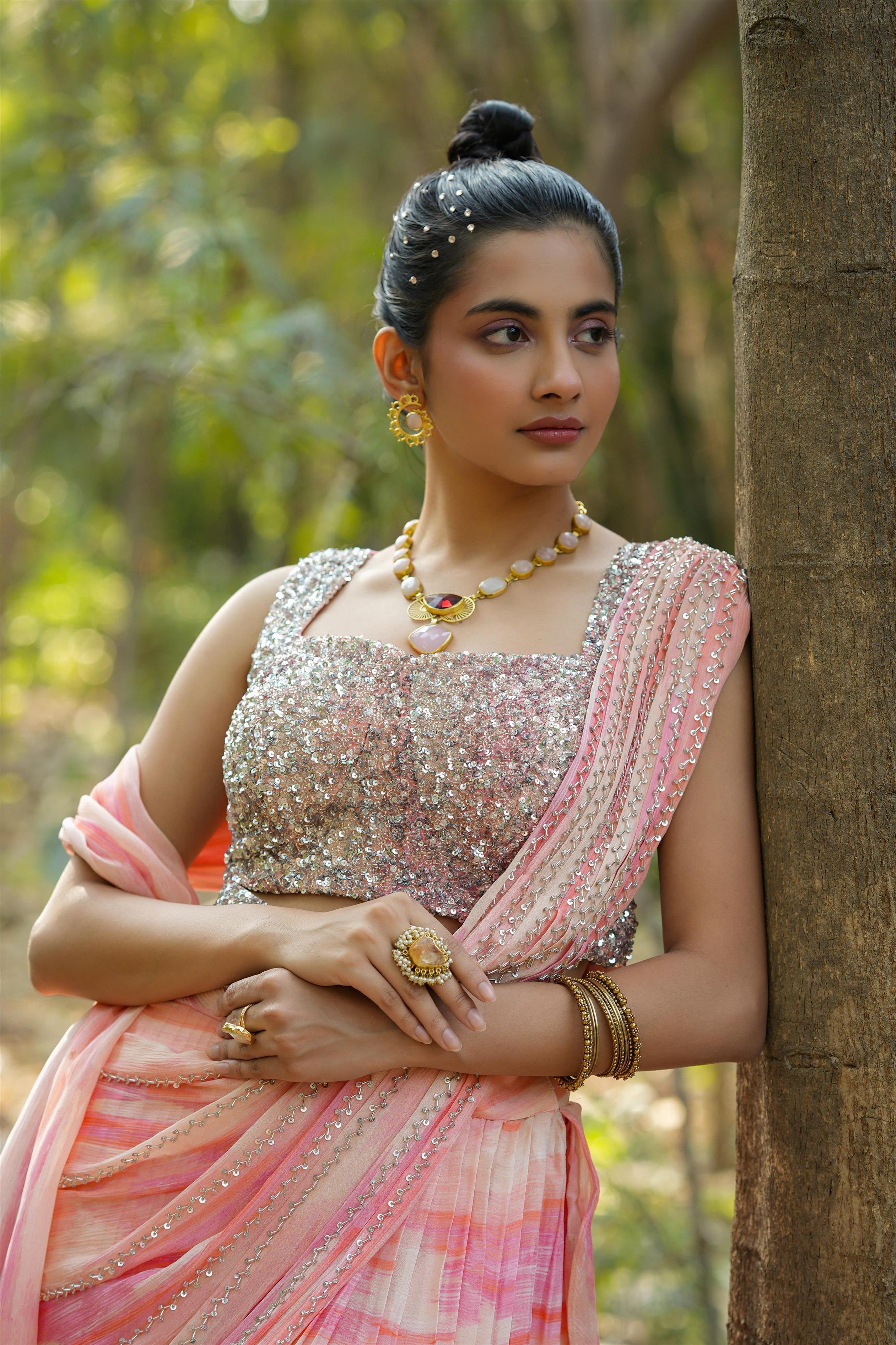 Pink Chinon Silk Sequinned Blouse With Chinon Silk Shibori Drape Saree & Sequinned Belt