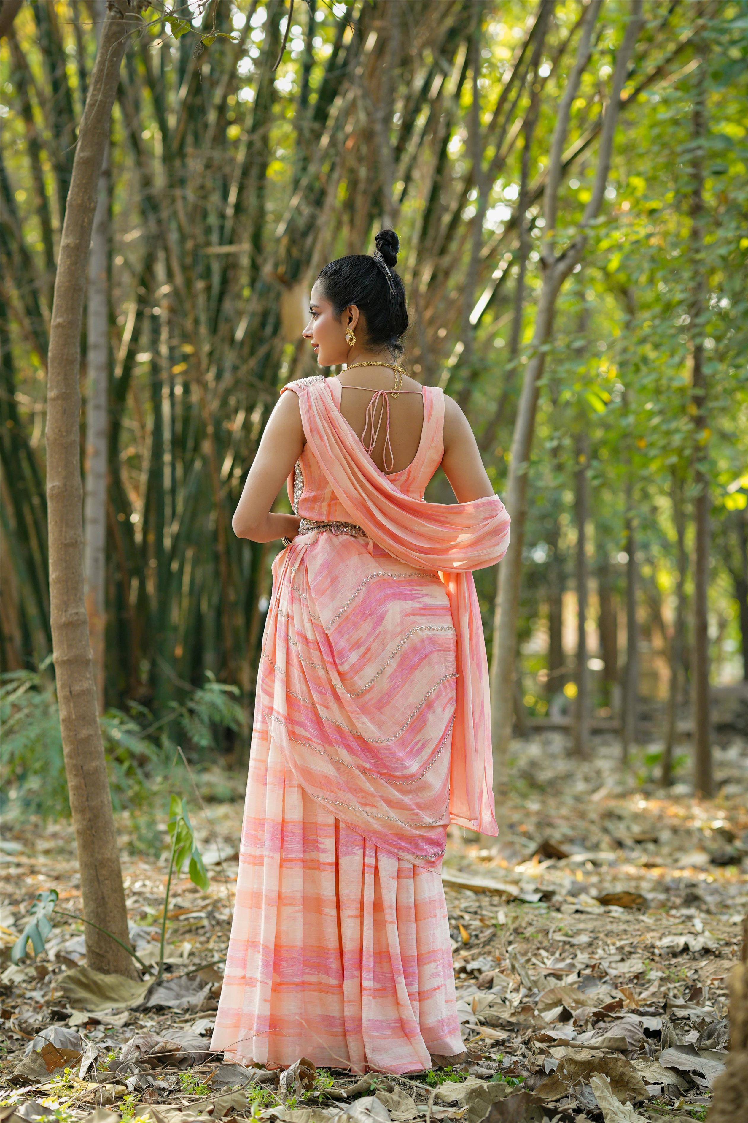 Pink Chinon Silk Sequinned Blouse With Chinon Silk Shibori Drape Saree & Sequinned Belt