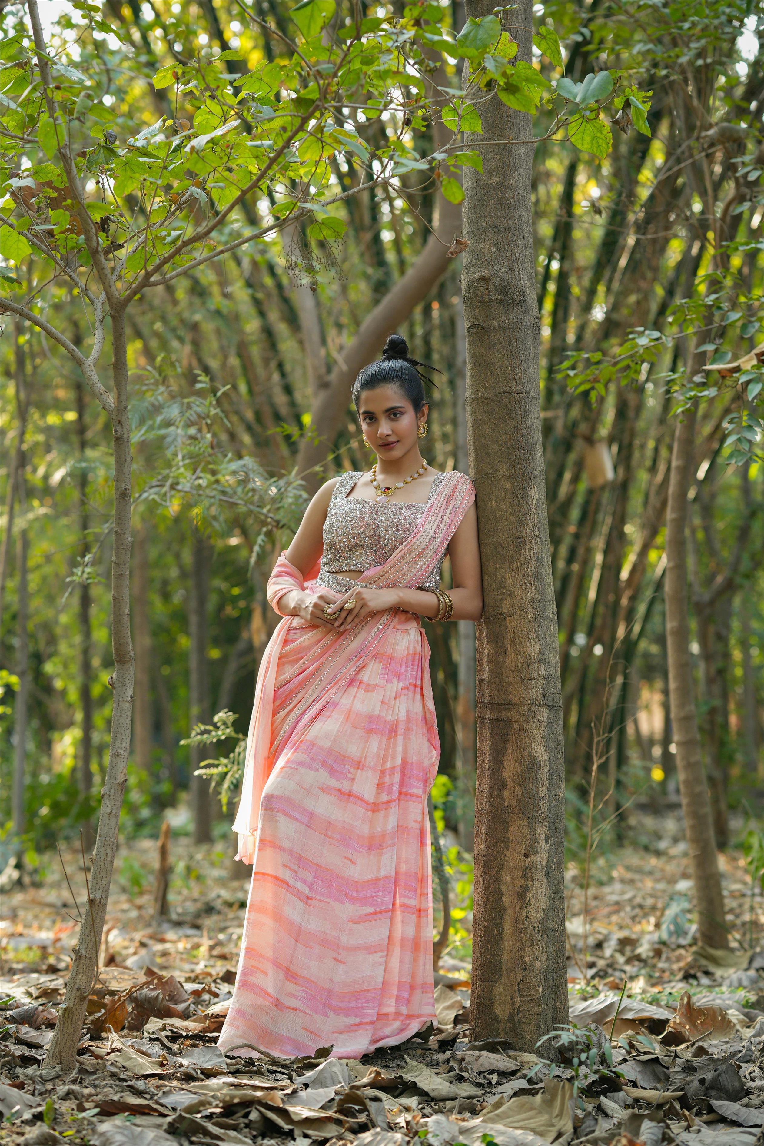 Pink Chinon Silk Sequinned Blouse With Chinon Silk Shibori Drape Saree & Sequinned Belt