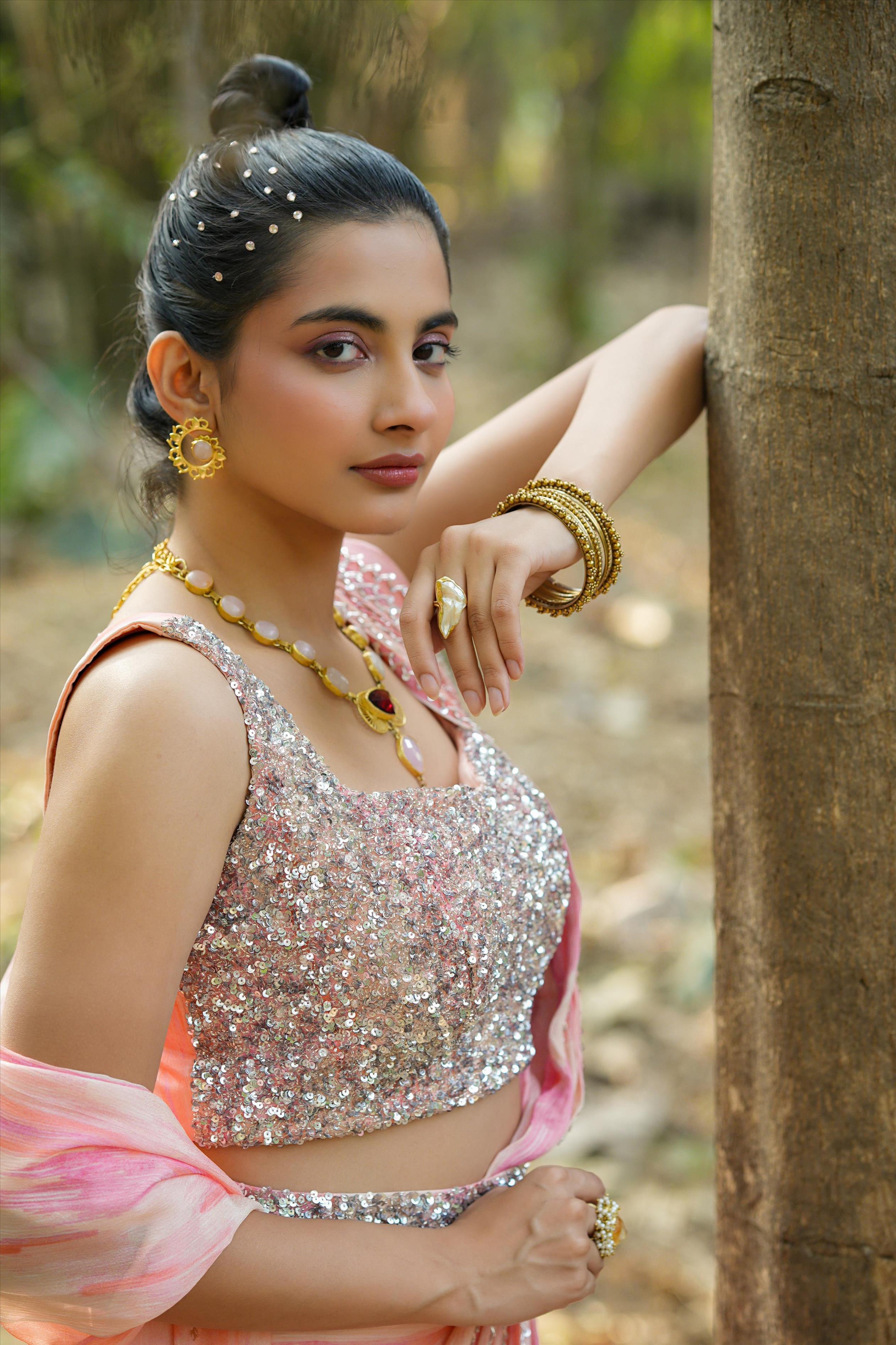 Pink Chinon Silk Sequinned Blouse With Chinon Silk Shibori Drape Saree & Sequinned Belt