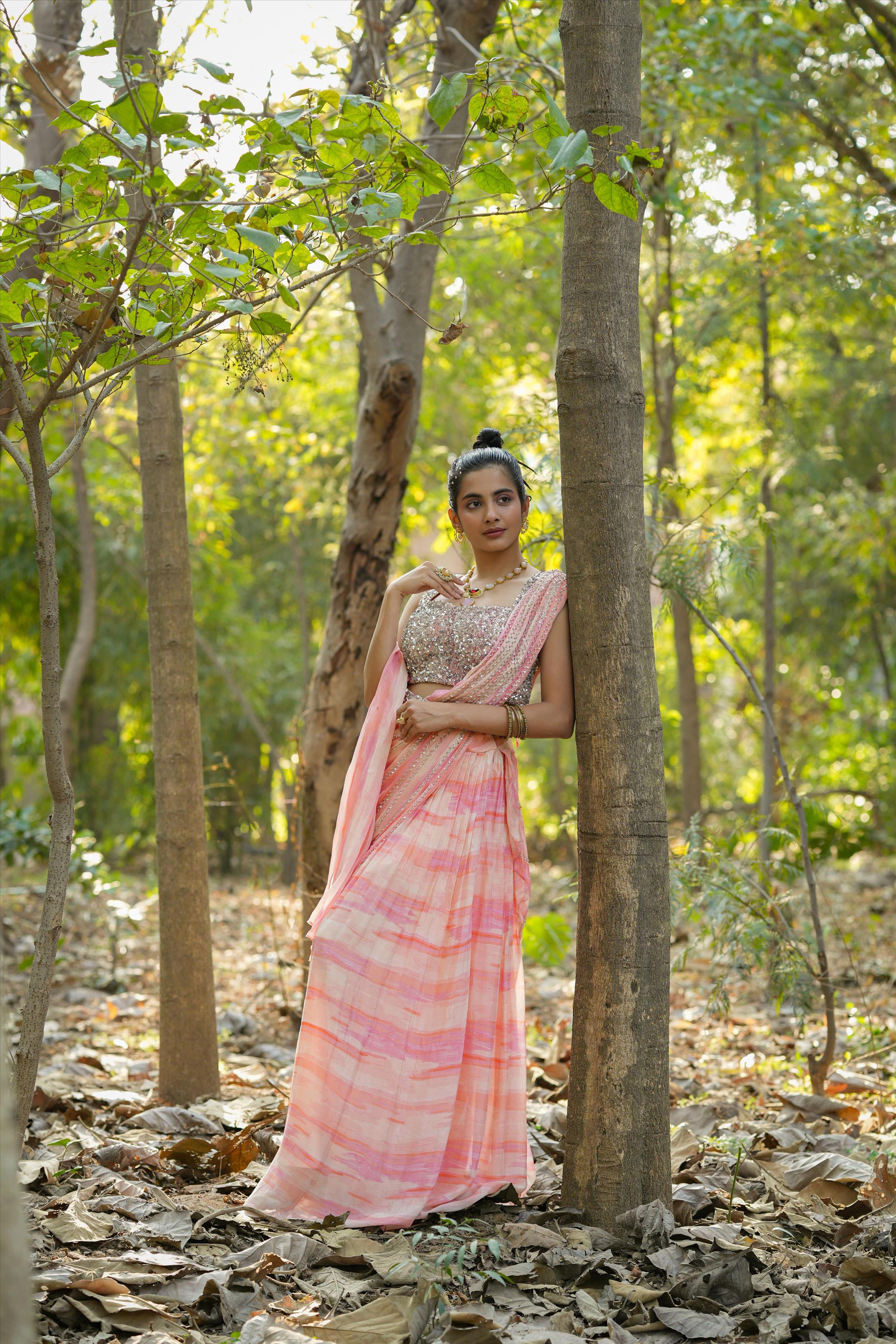 Pink Chinon Silk Sequinned Blouse With Chinon Silk Shibori Drape Saree & Sequinned Belt