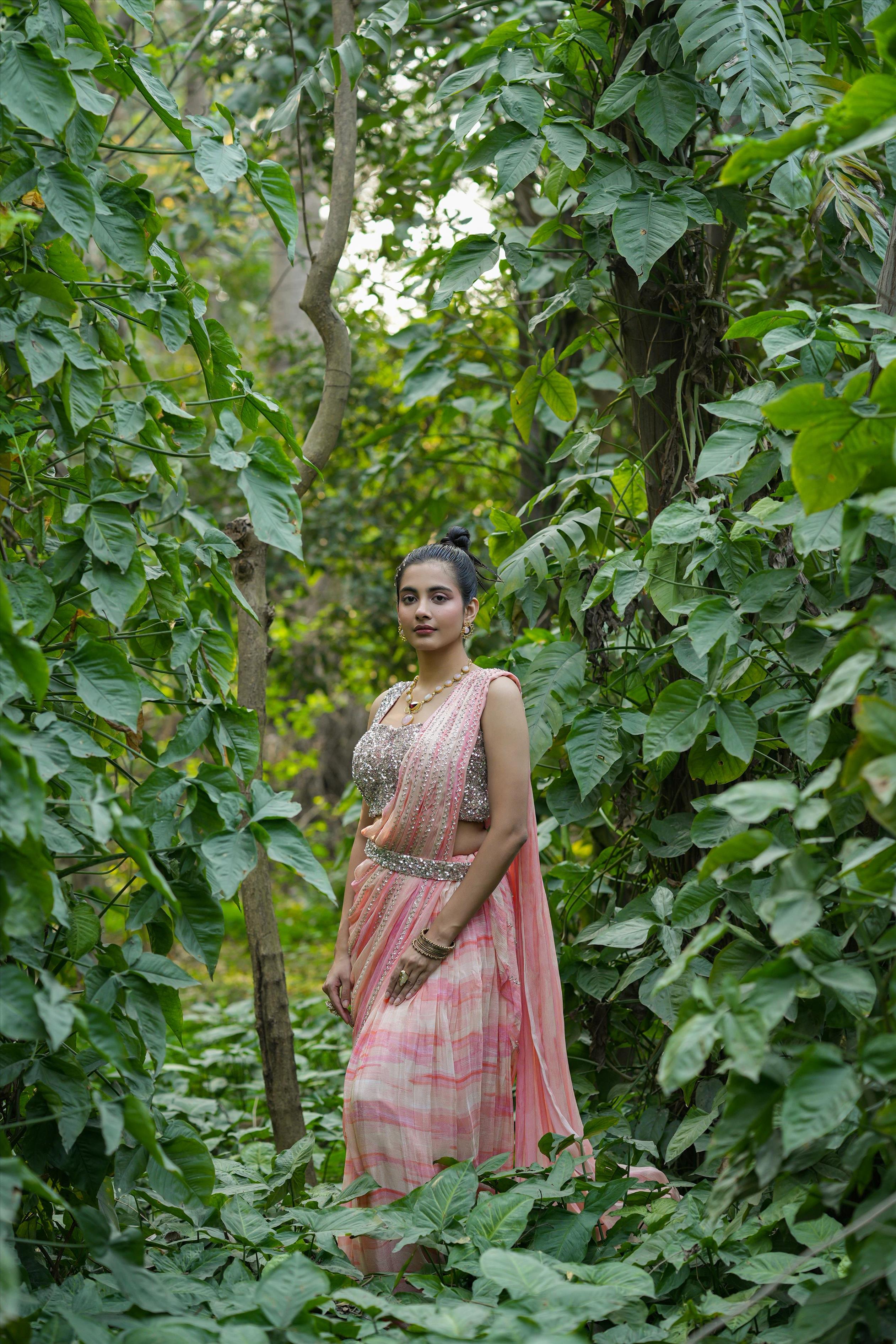 Pink Chinon Silk Sequinned Blouse With Chinon Silk Shibori Drape Saree & Sequinned Belt