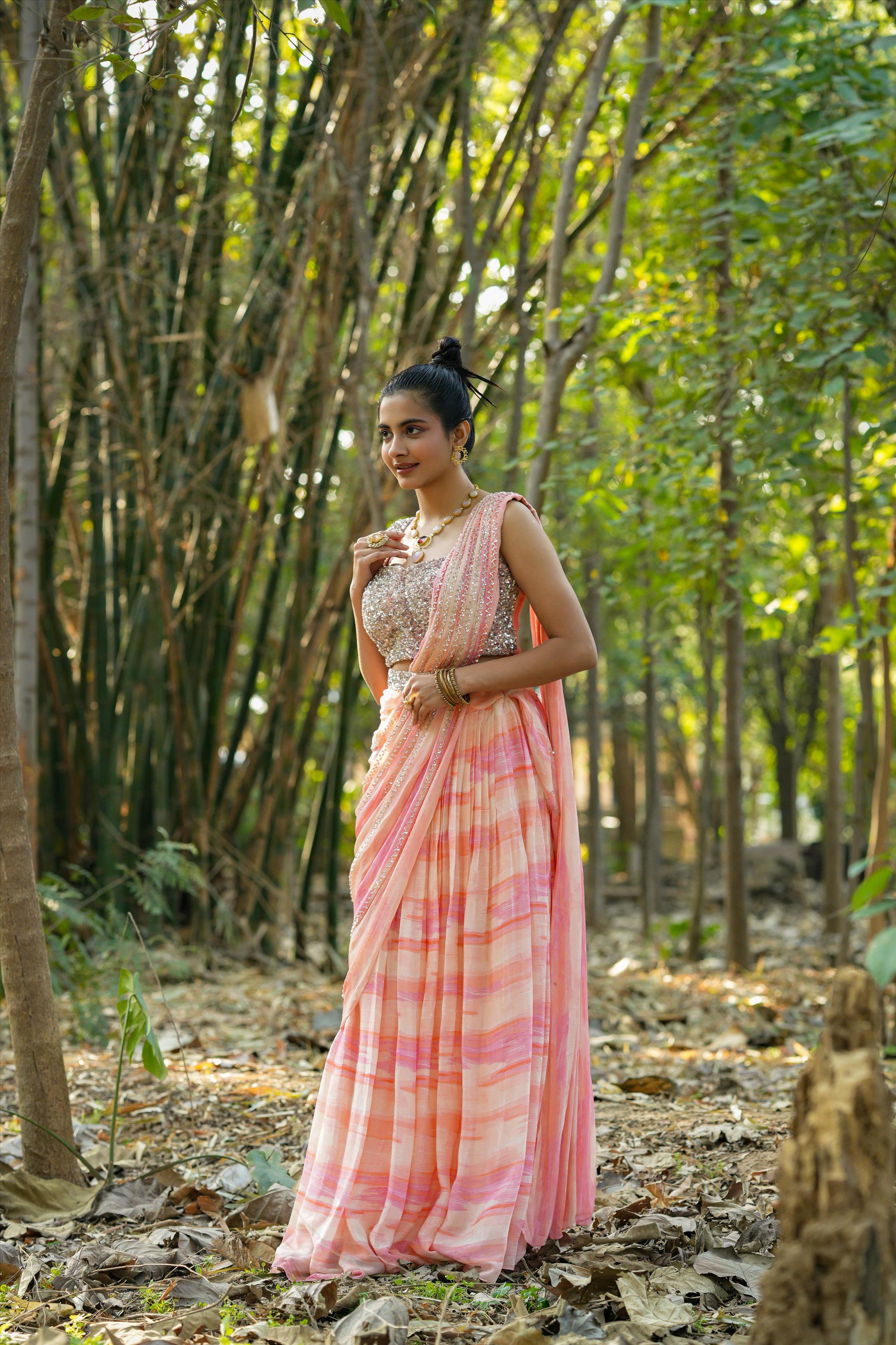 Pink Chinon Silk Sequinned Blouse With Chinon Silk Shibori Drape Saree & Sequinned Belt