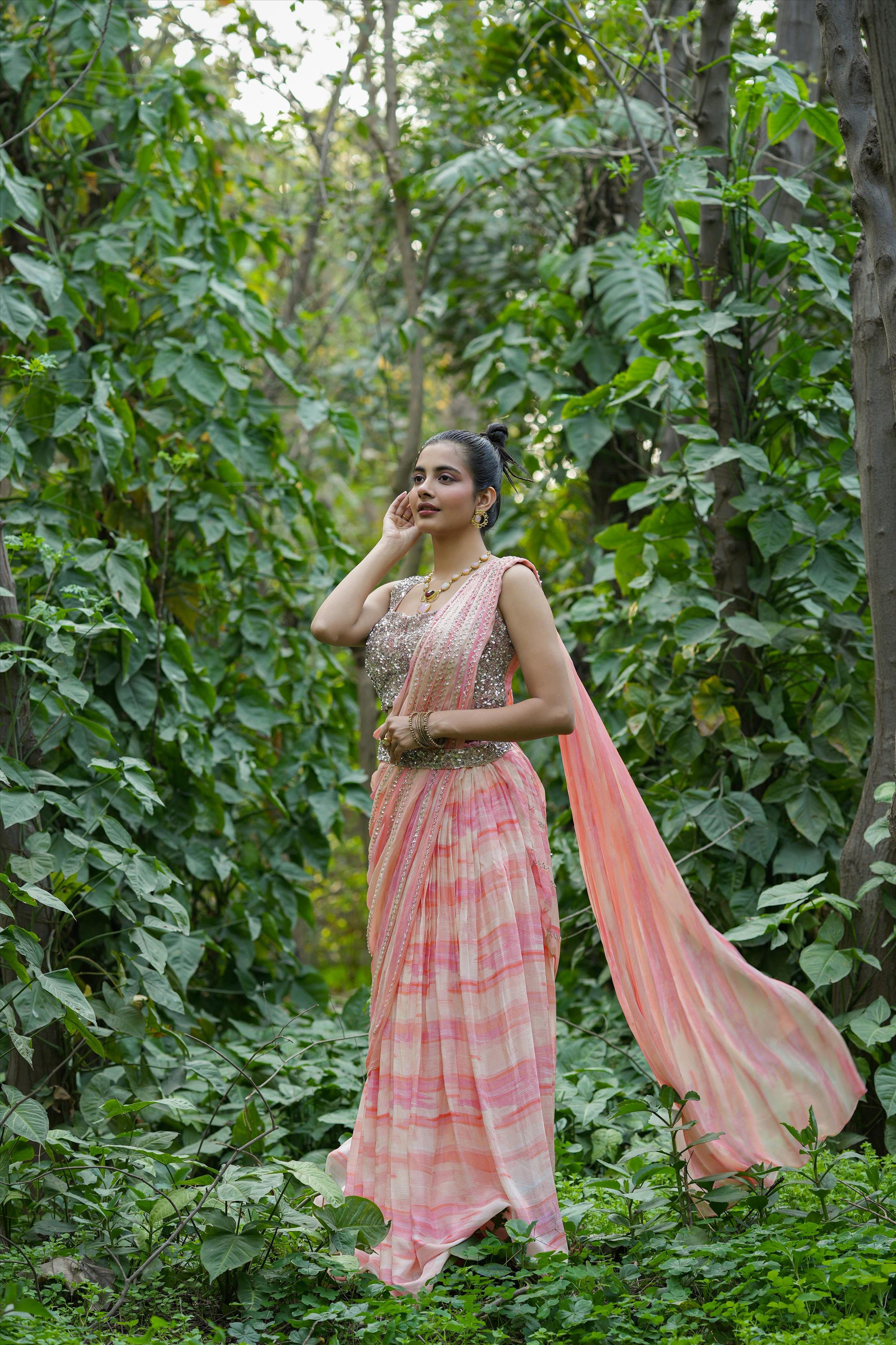 Pink Chinon Silk Sequinned Blouse With Chinon Silk Shibori Drape Saree & Sequinned Belt