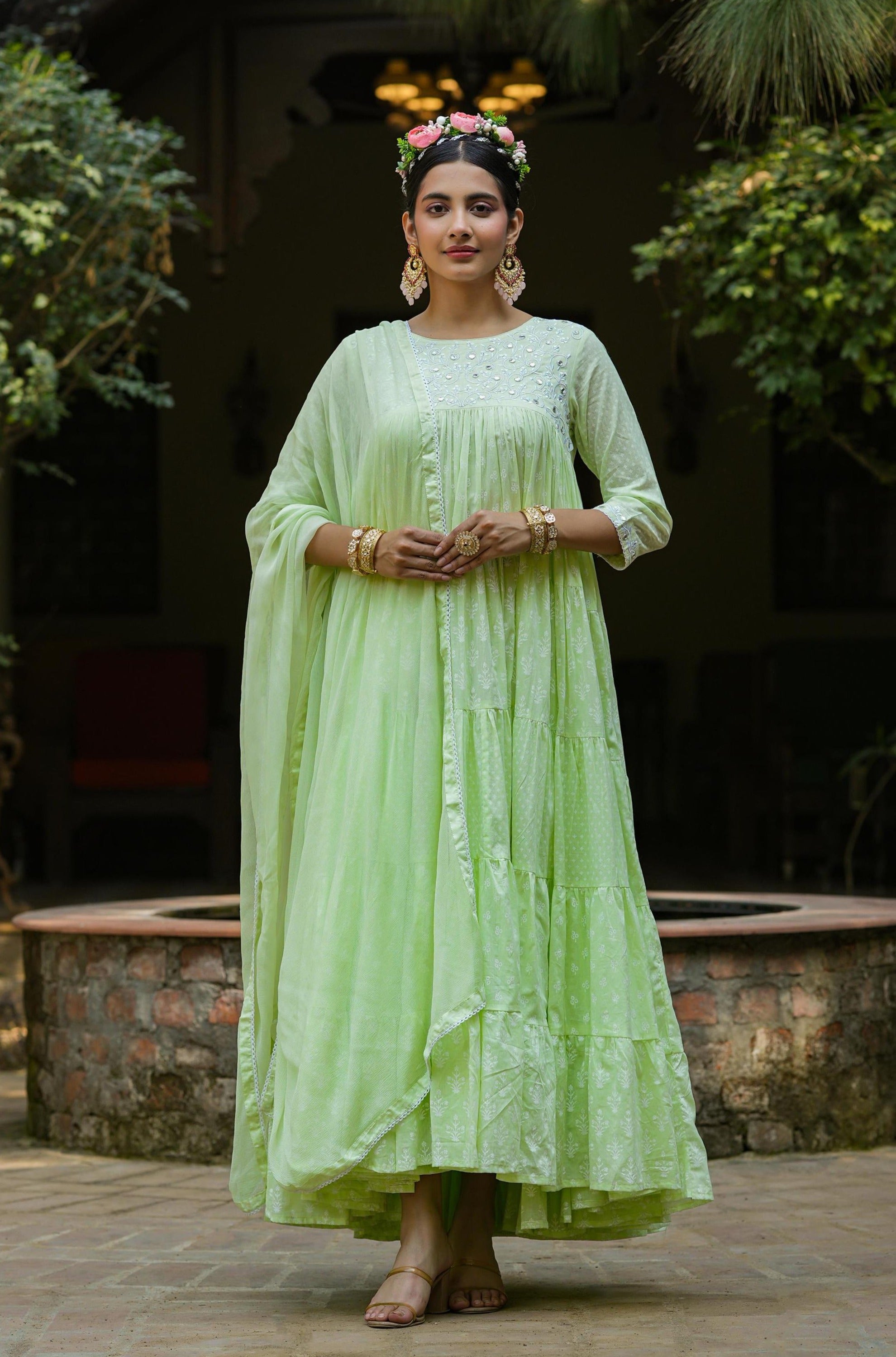 Green Mul Cotton Printed Tiered Ethnic Dress With Chiffon Dupatta