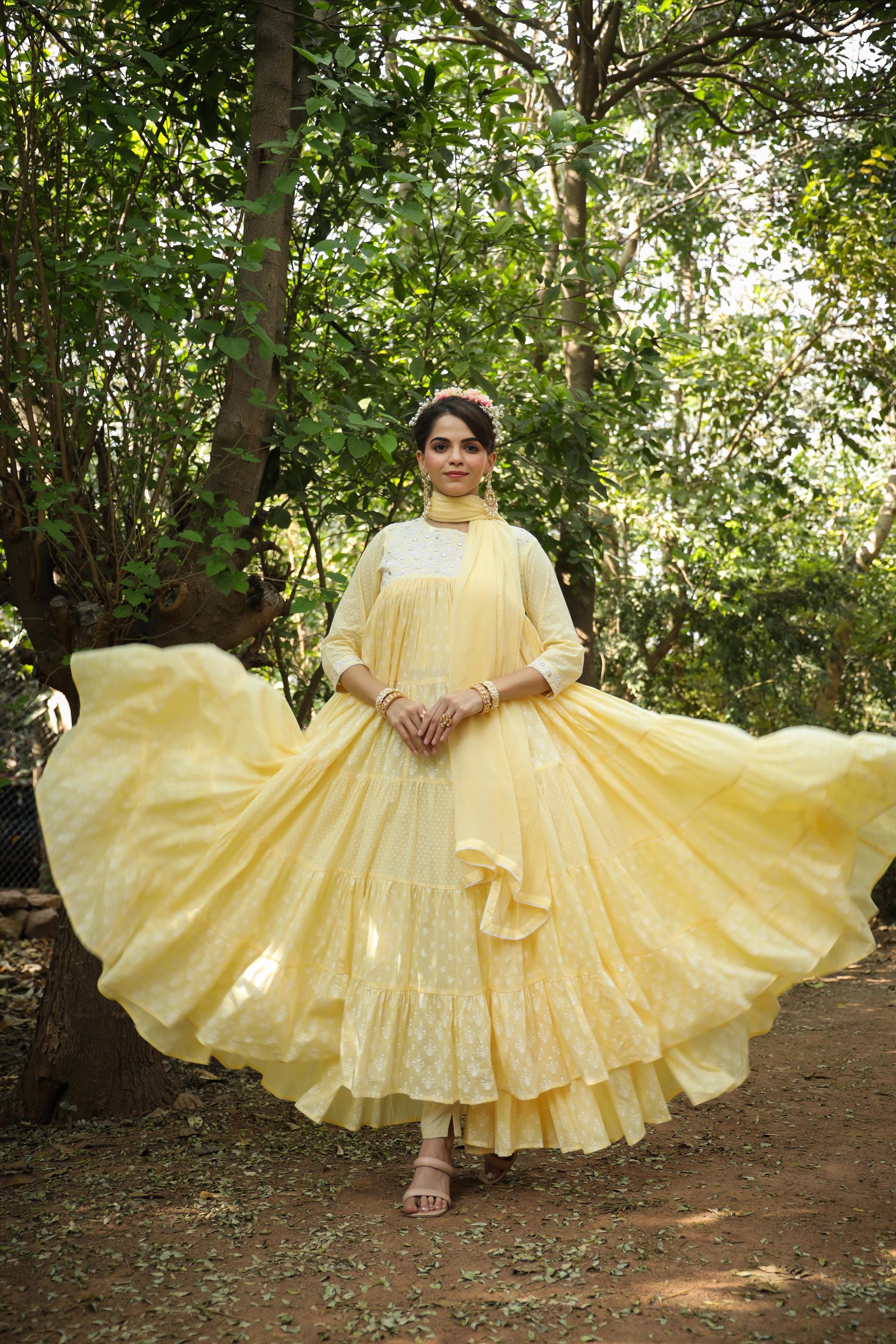 Yellow Mulmul Printed Tiered Dress With Dupatta