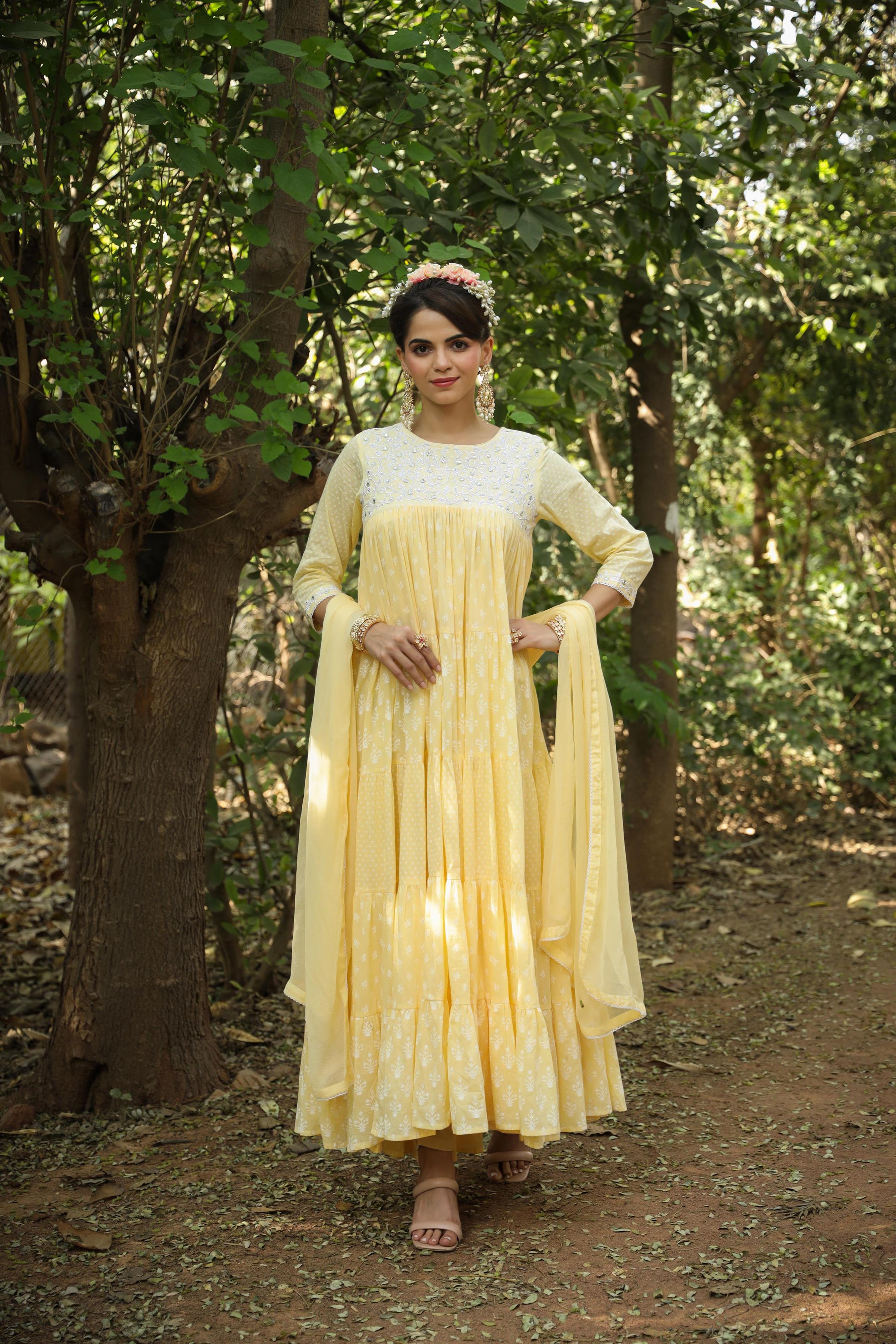 Yellow Mul Cotton Printed Tiered Ethnic Dress With Chiffon Dupatta